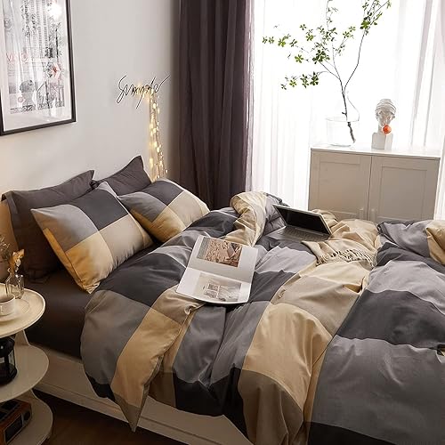 Miniatura 2 de EAVD Juego de funda de edredón a cuadros tamaño Queen, color marrón, Kahaki, suave, 100% algodón, a cuadros, geométrico, con 2 fundas de almohada,