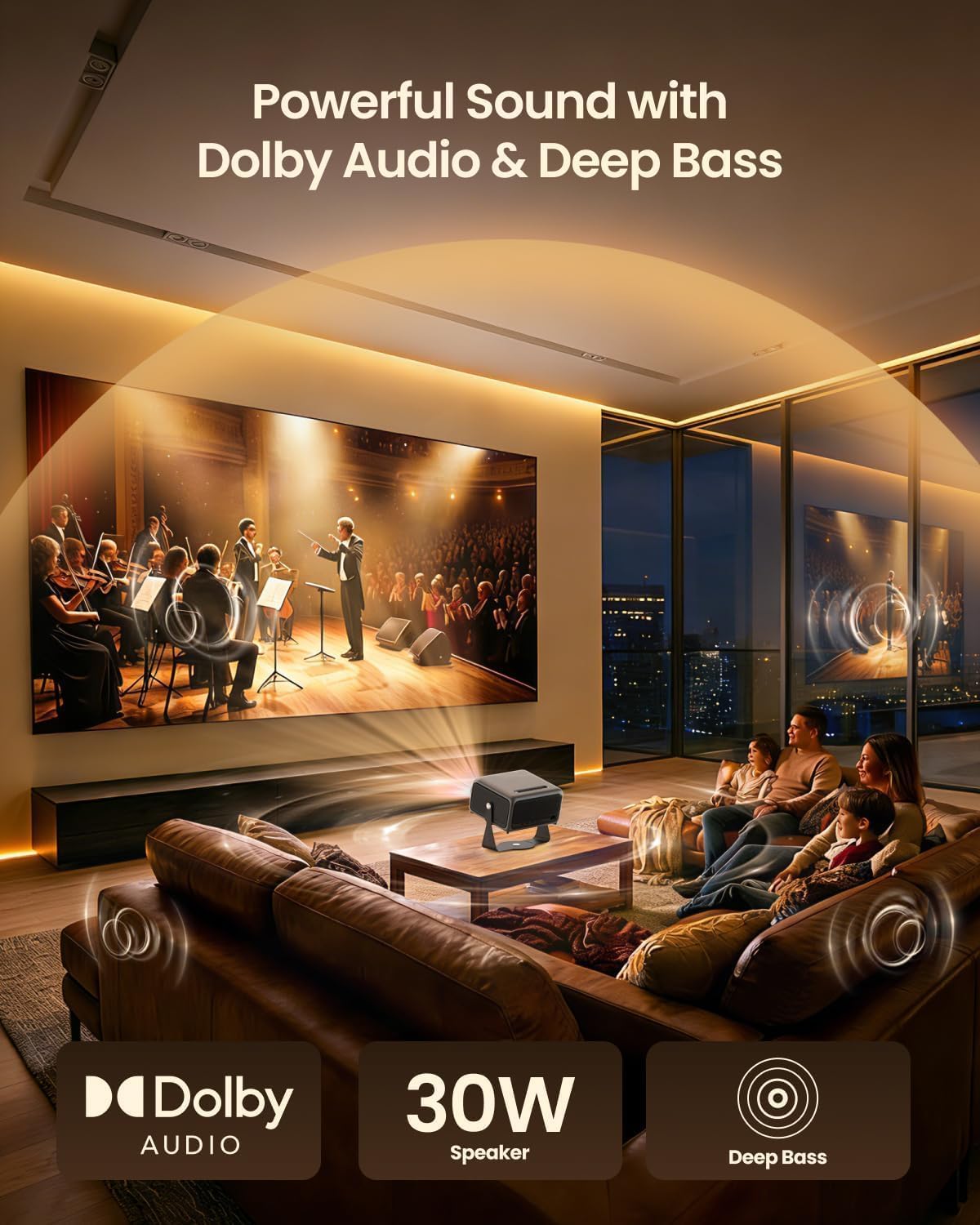 Smart Projector with Netflix Ready & Free Live TV, 1500 ANSI Lumens & 4K Decoding, 2GB+32GB Memory & MEMC, 360° Adjustable Stand, AI Auto Focus, Dolby Audio