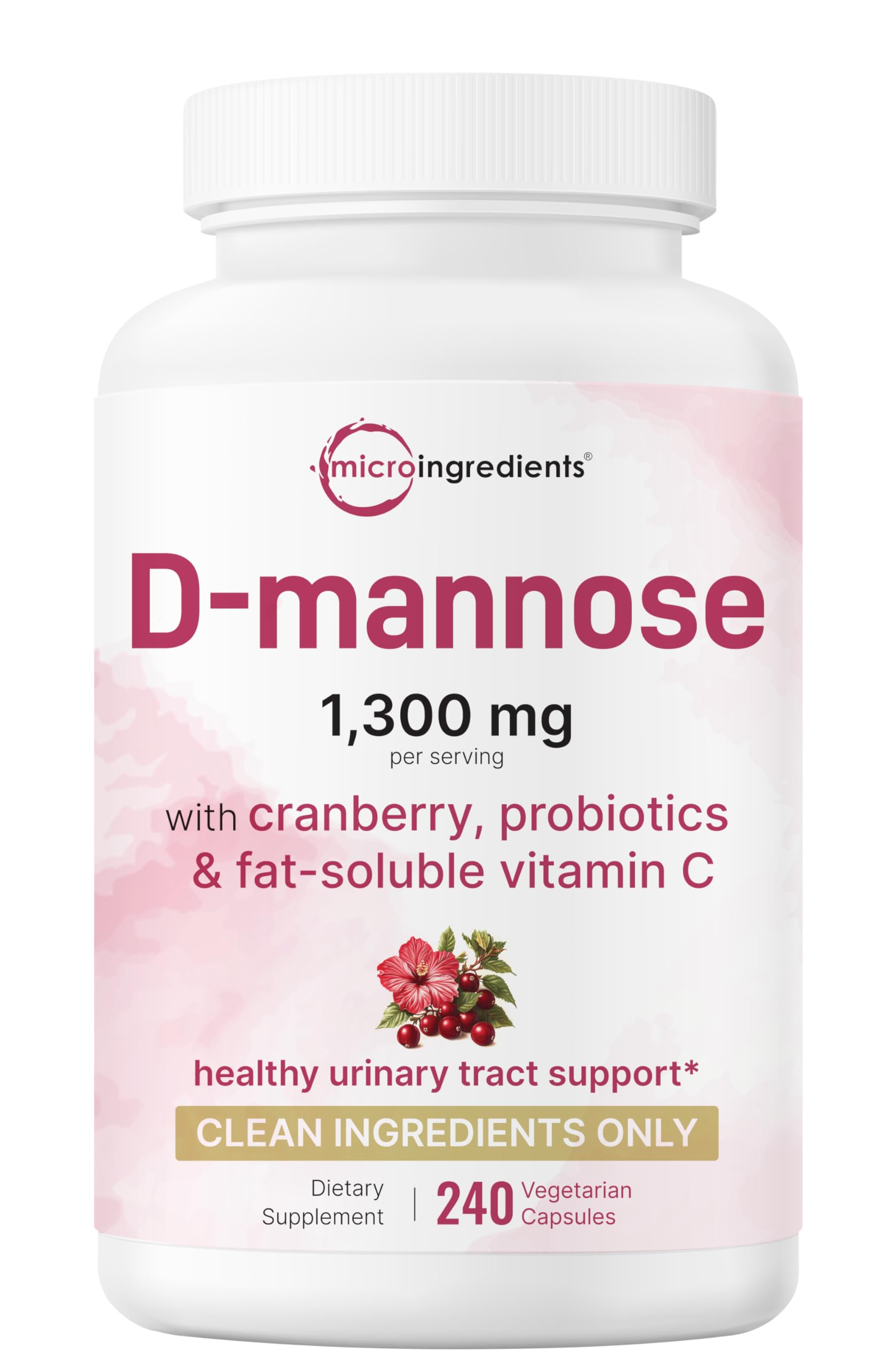 Pure D Mannose 1,300mg with Cranberry & Probiotics, 240 Veggie Capsules | Urinary Tract Health for Women | Plus 1 Million CFU Probiotics Blend & High Absorption Vitamin C | Filler Free, Non-GMO