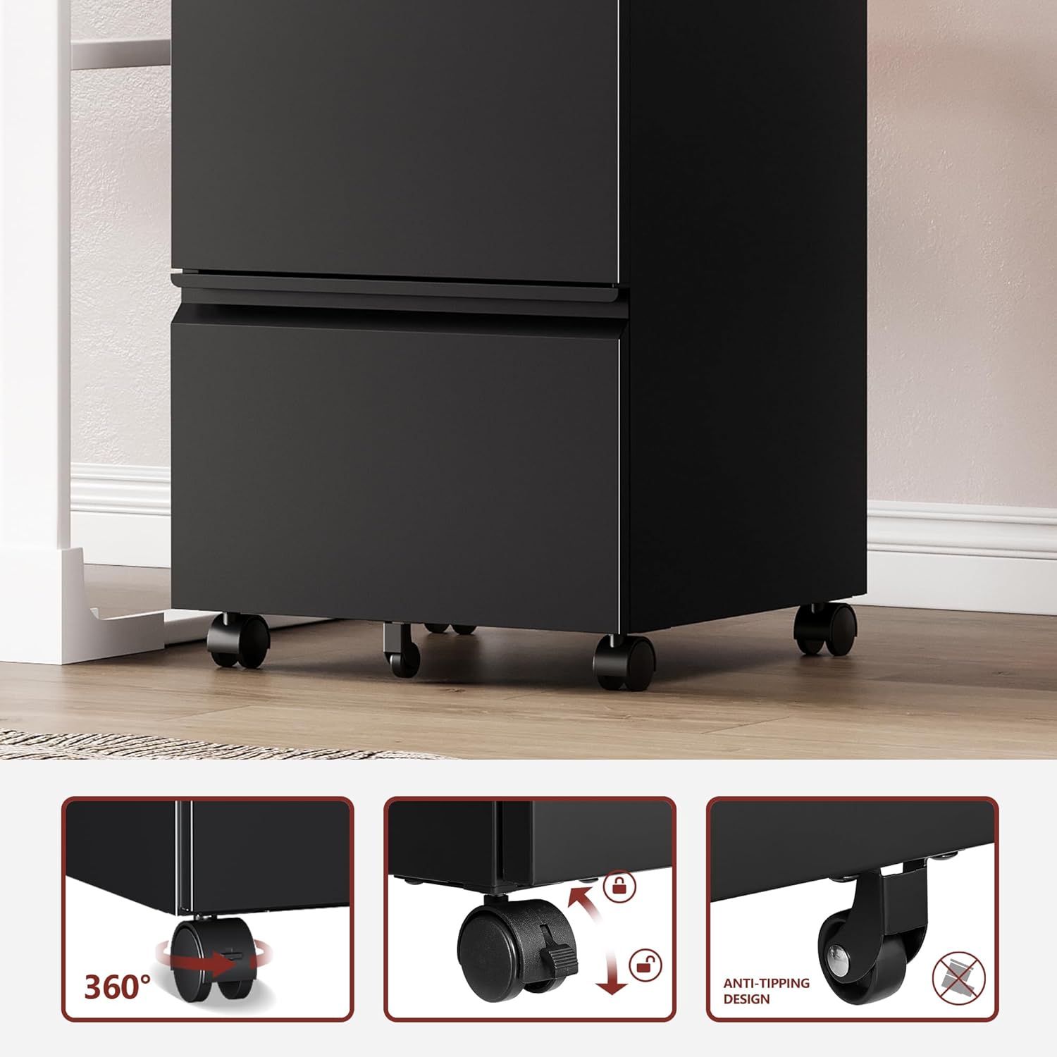 RAVIGIN 2 Drawer File Cabinet，Mobile Filing Cabinet with Lock and Wheels，Un-Assembled Metal Under Desk File Cabinets for A4/Letter/Legal Size（Black