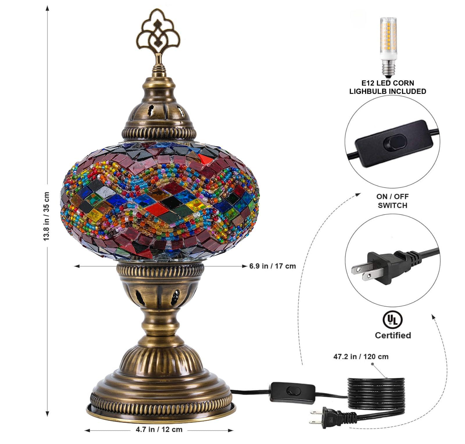 Mozaist Moroccan Turkish Lamp – Colorfull Mosaic Glass Bedside & Desk Light, Handcrafted Vintage Home Decor with E12 Socket