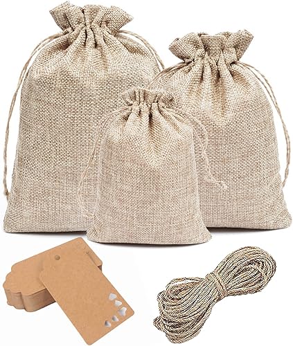 Bolsas de arpillera, 25 paquetes de bolsas de regalo con cordón y etiqueta de arpillera para caramelos, bolsillos de lino para bodas, cumpleaños,