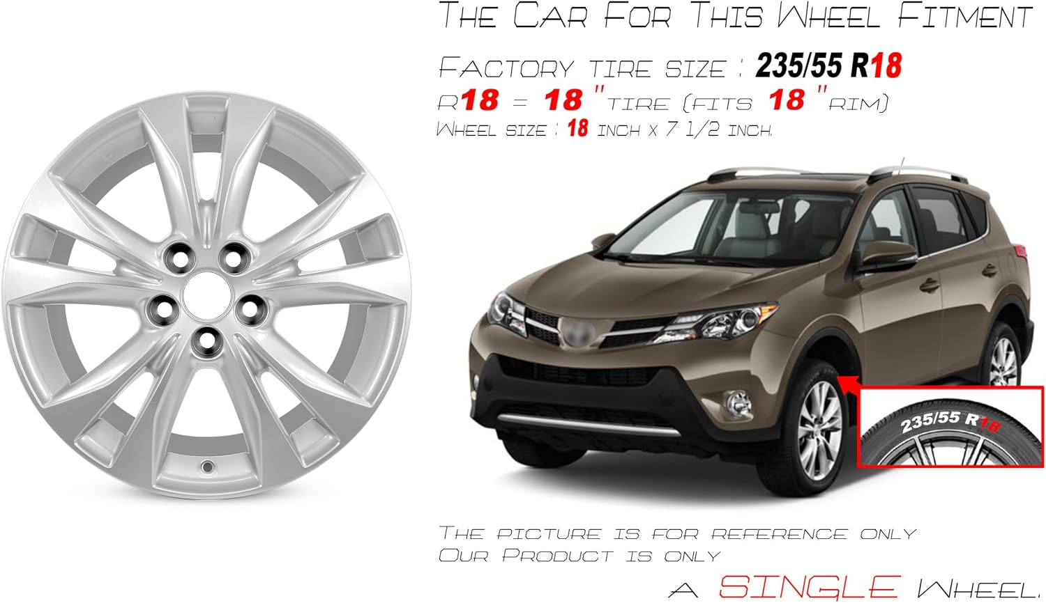 New Single 18" 18x7.5 Inch Wheel for 2013-2015 Toyota RAV 4 | OEM Design Alloy Rim | Silver | Front or Rear Replacement | Direct Fit - OE Stock Specs | 69628 69628B