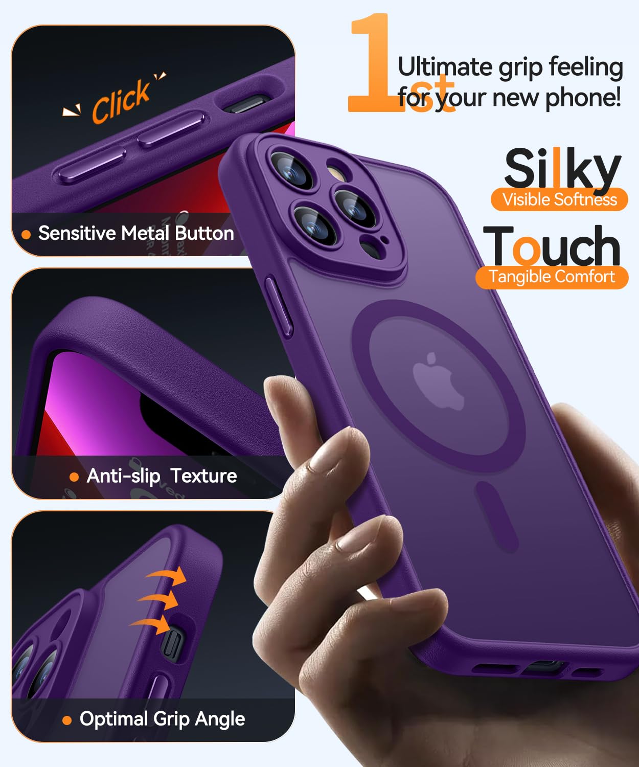 CANSHN Cover Magnetica per iPhone 13 Pro(6,1 Pollici), Compatibile con MagSafe, [Protezione Completa Della Fotocamera], Custodia Traslucida Opaca Protettiva Sottile Antiurto,Viola Profondo