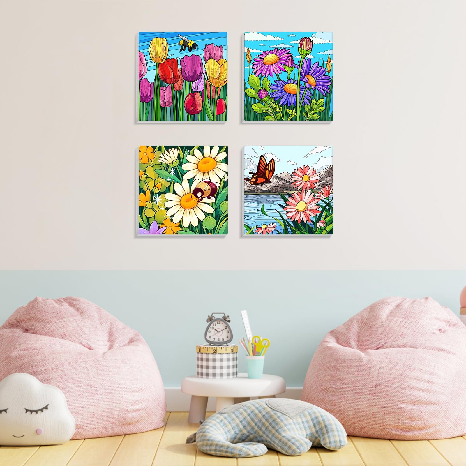 MISCER 4 Pack Flor Pintar con Numeros con Marco, Flower Pintura Pintar por Numeros Adultos Niños,Pintura DIY en Acrílico u Óleo, Adecuada para Decoración del Hogar 20X20cm