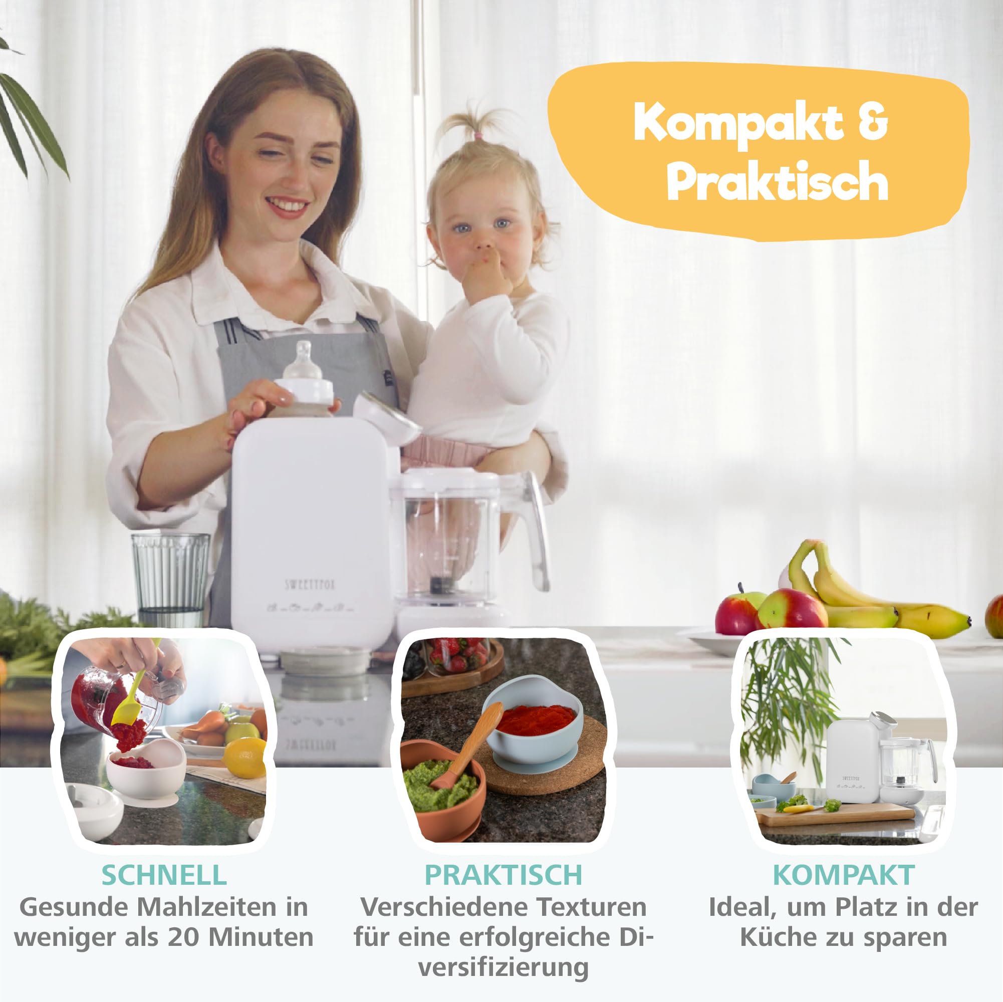 Sweety Fox - Babynahrungszubereiter Mixer - 7 Funktionen - Dampfgaren, Mixen, Pulsfunktion, Selbstreinigung, Sterilisieren, Aufwärmen, Auftauen - Babybrei Zubereiter