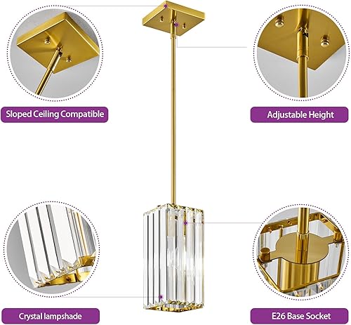 Miniatura 6 de zhllmq Lámpara colgante moderna rectangular dorada para iluminación colgante mini candelabros de cristal, lámpara colgante ajustable para cocina,