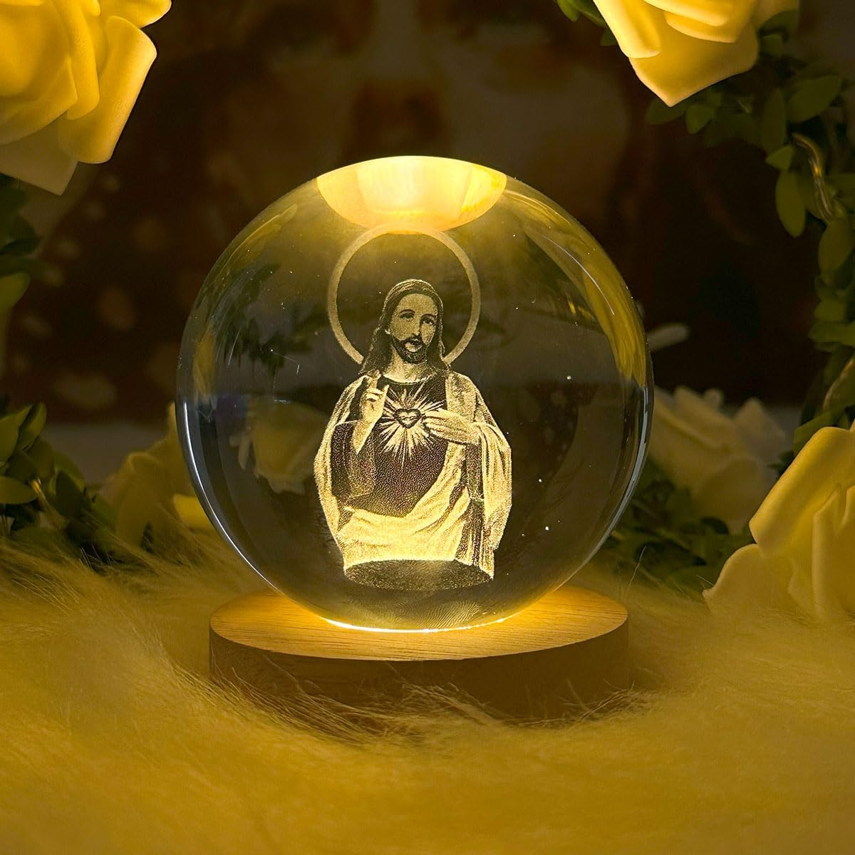 Jesuspirit - Christian Decor, Wooden Light Base Crystal Ball Night Light, Home Decor - Christian Gifts for Men and Women (Sacred Heart of Jesus)