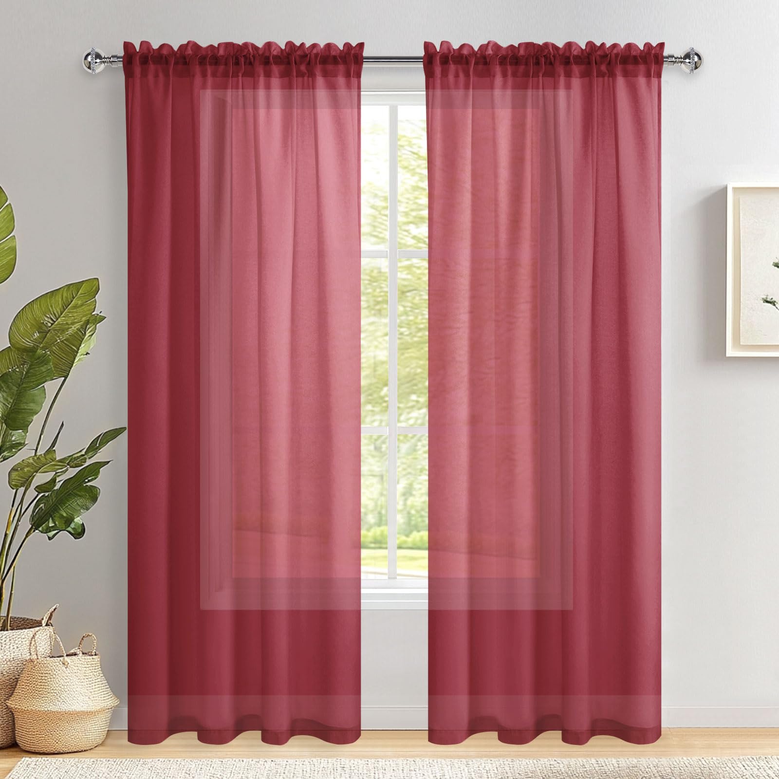 DWCN Red Voile Curtains 72 Drop 2 Panel Net Curtain for Windows