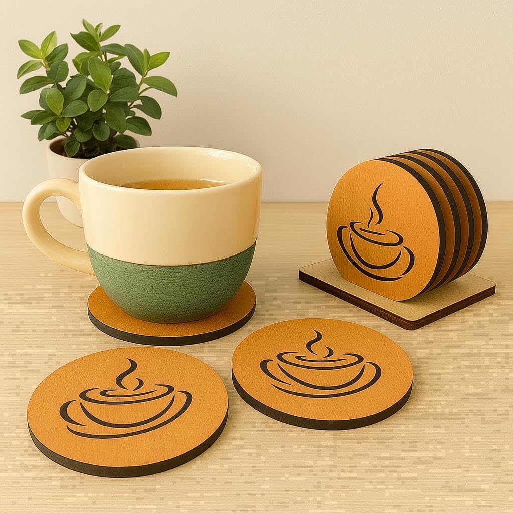 Beautiful Wooden Coasters Set of 6 with Stand, Coffee Cup Design, Round Coasters for Tea Cups, Coffee Mugs, Glasses, Dining Table Decor, Hot Pots, Beer Cans & Bar Glass (Made in India)-image-36
