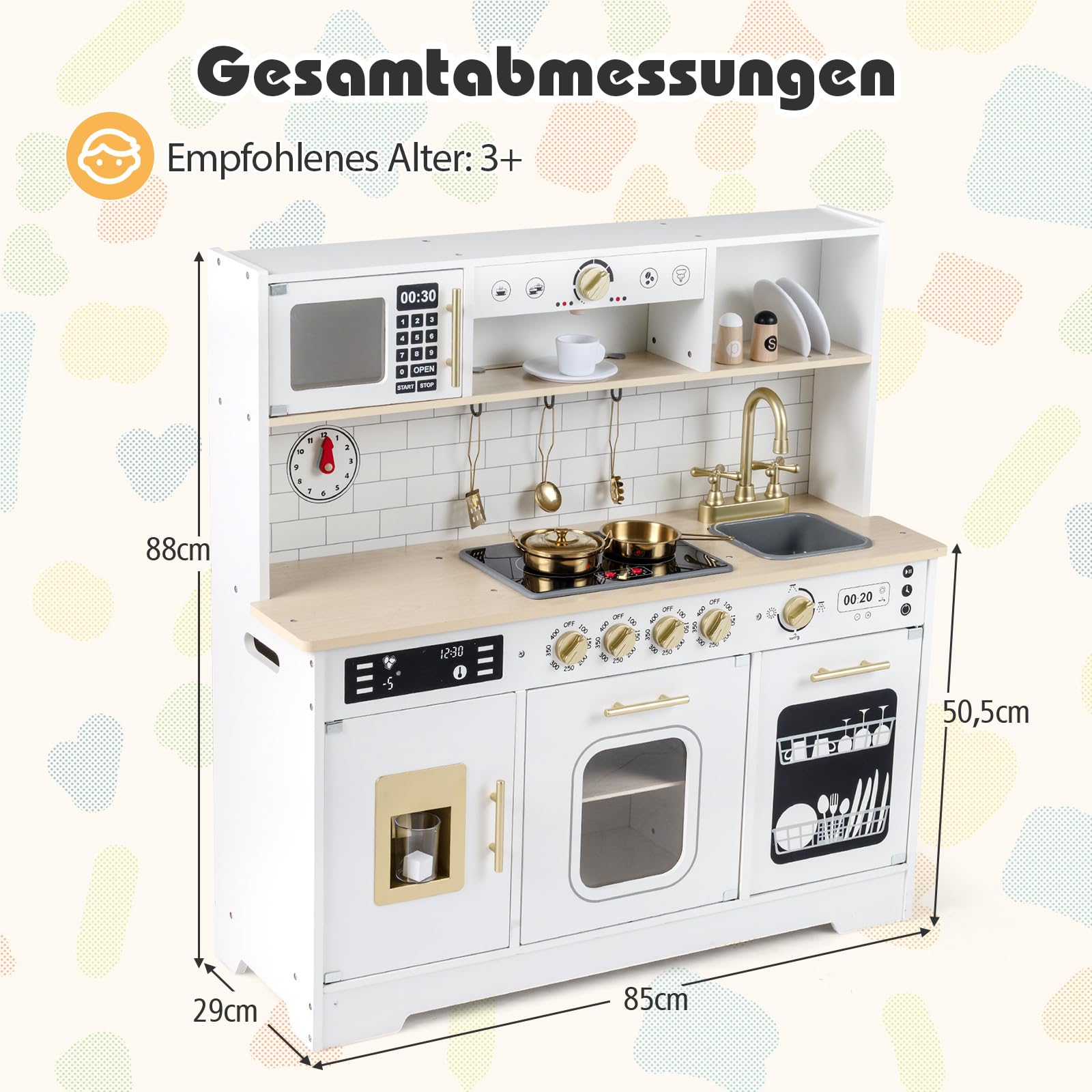 COSTWAY Kinderküche mit Licht & Sound, Spielküche Holz mit Herd, Spüle, Ofen, Eismaschine, Mikrowelle, Kaffeemaschine, Holzüche inkl. 14 Zubehör, Spielzeugküche für Kinder ab 3 Jahren (Weiß)