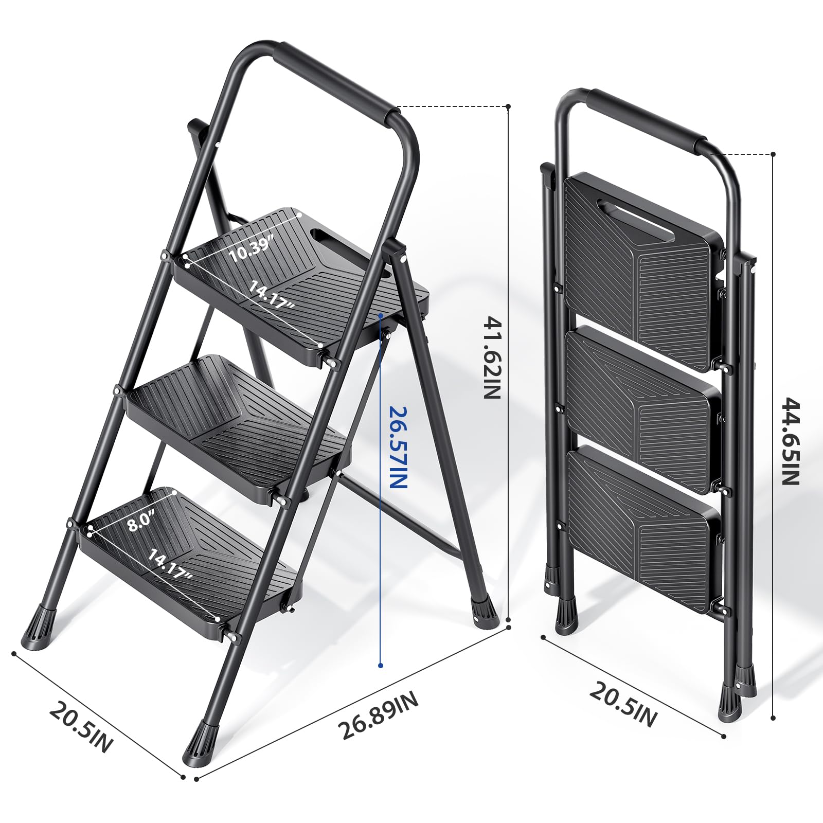 KINGRACK Scala a 3 gradini, scala pieghevole in acciaio con corrimano, pedali larghi antiscivolo, design con blocco di sicurezza, scala resistente per carichi fino a 226 kg, scala portatile per uso