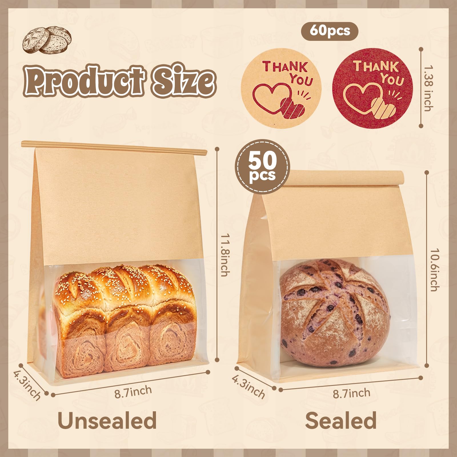 Funcoo 50 bolsas de pan con pestañas para pan casero de masa madre panadería bolsas de almacenamiento con ventana/corbatas, bolsa grande de pan de panadería para embalaje de productos horneados (11 x