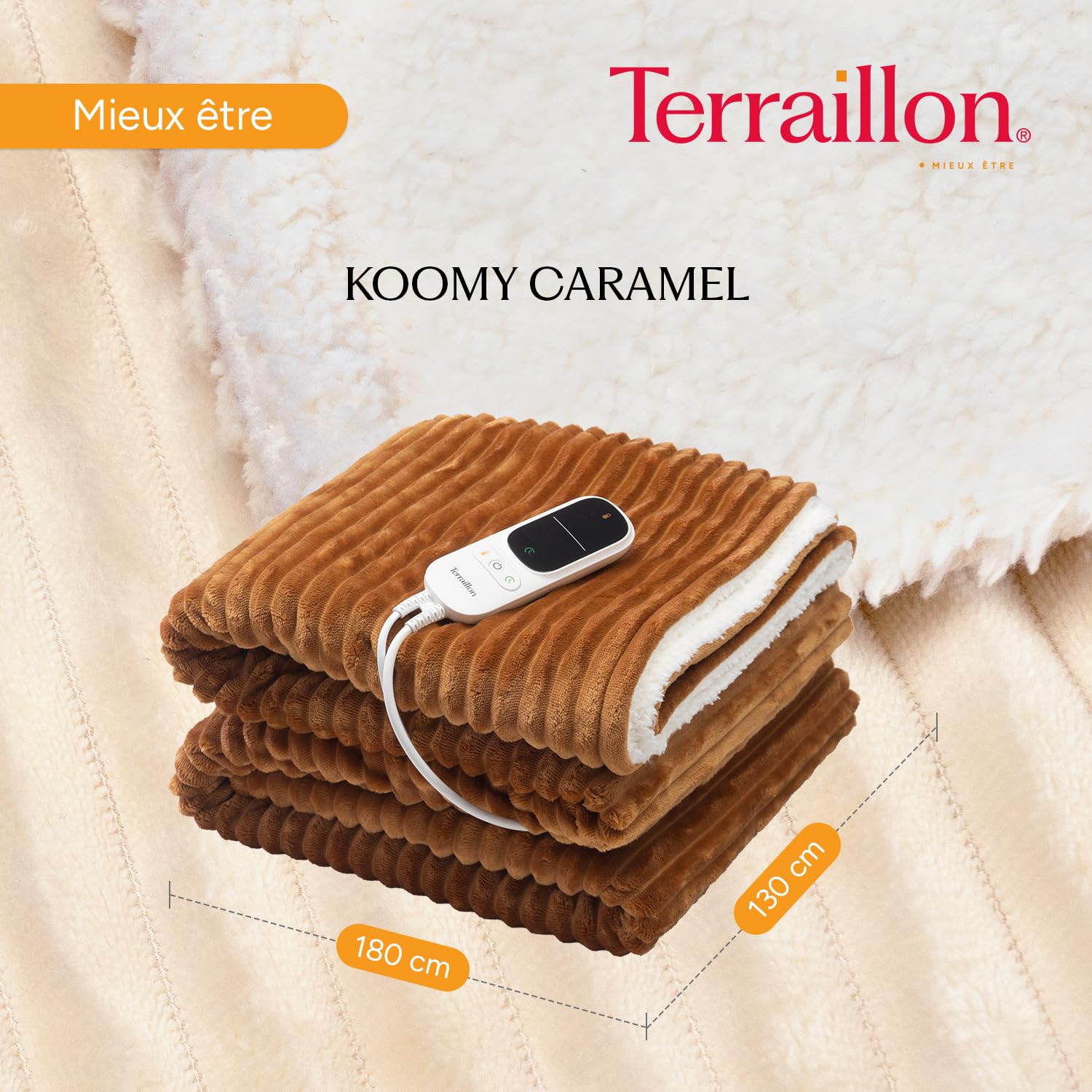 Terraillon Couverture chauffante Plaid Chauffant Sherpa 180x130 cm KOOMY | Arrêt Automatique, 9 réglages de température, Chaleur Pendant 9h, Lavable en Machine, 180x130 Cm, Sherpa et Flanelle