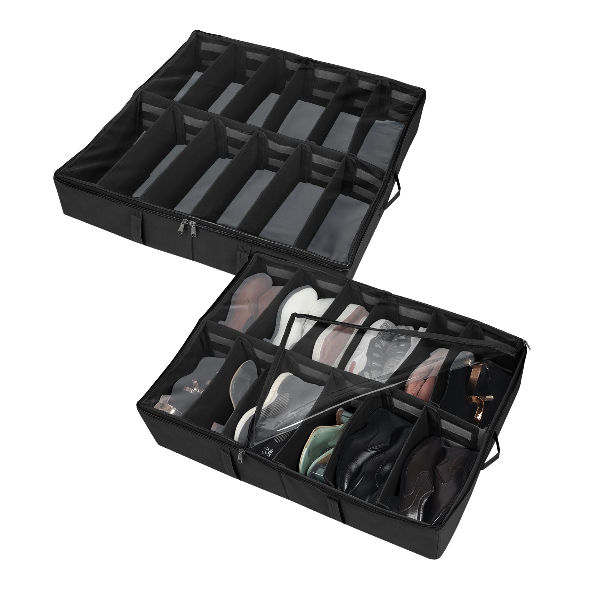 DOUBLE R BAGS Non Woven Rectangular Shape Under Bed Storage Shoe Organizer With Zipper - (Black) Pack of 2