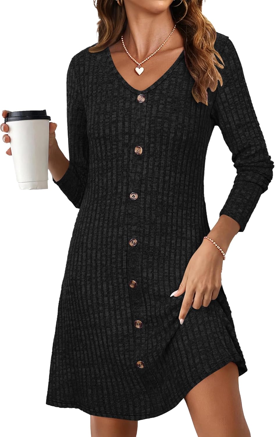 MOLERANI Womens Fall Long Sleeve Ribbed Knit Dresses 2025 Casual V Neck Knee Length Button Down Winter Sweater Dress Trendy