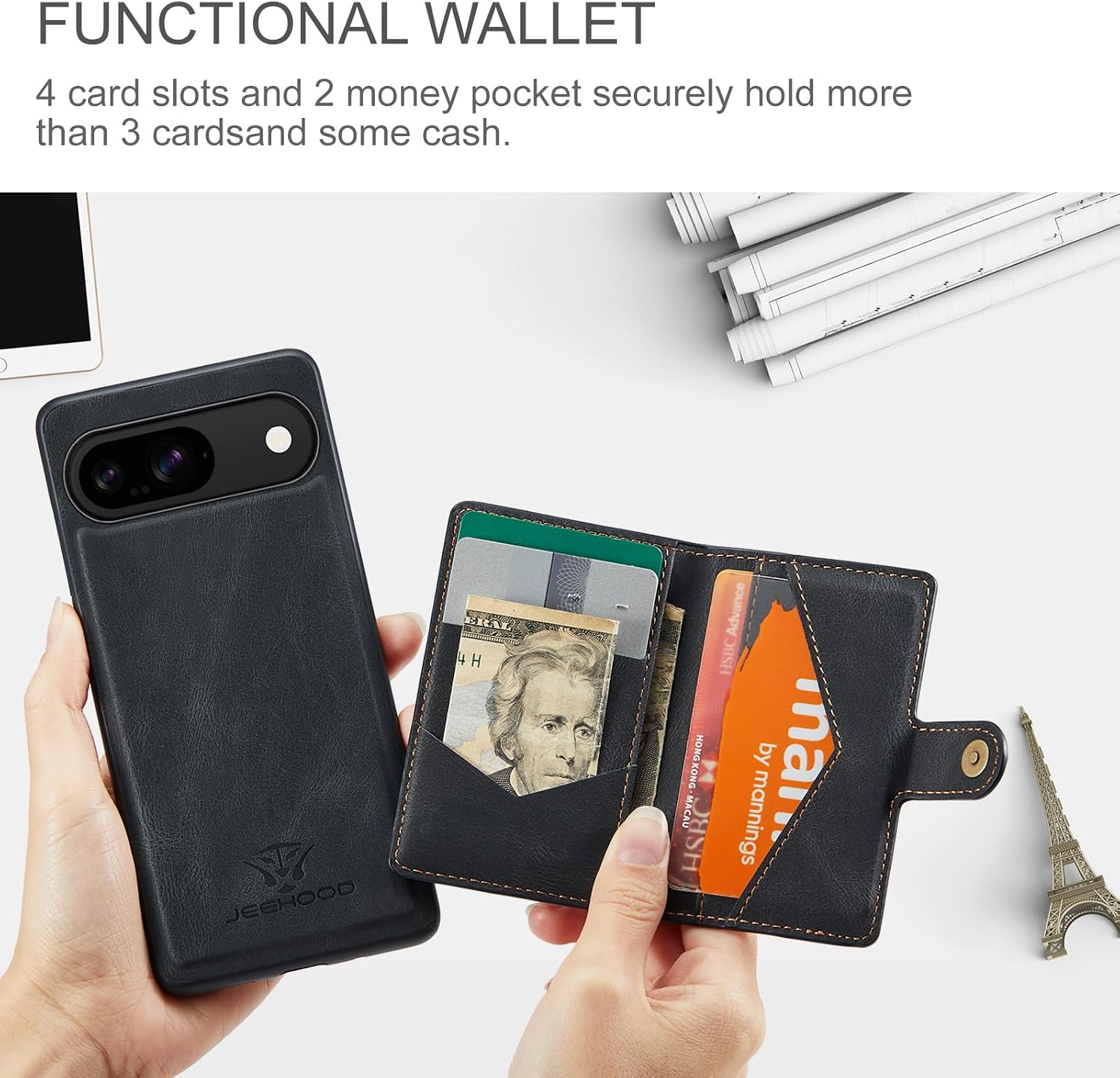 Case for Google Pixel 9/9 Pro,Detachable Magnetic Wallet Card Cash Slot Case Cover Support Wireless Charging Functional Kickstand for Google 9/9 Pro 2024 (Black) image 4