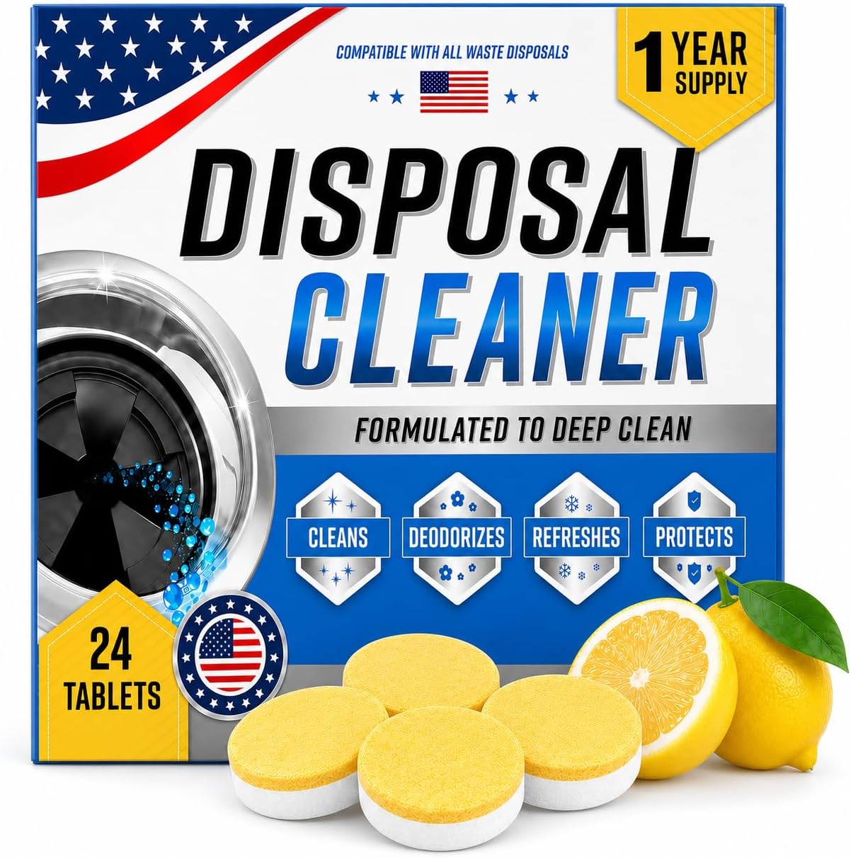Garbage Disposal Cleaner Deodorizer Tablets, XL Citrus Foaming Tablet for Kitchen Sink Residues Freshener, Drain Cleaner & Odor Eliminator, Septic Safe Kitchen Disposal Care, 24 Pack for 1 Year Supply