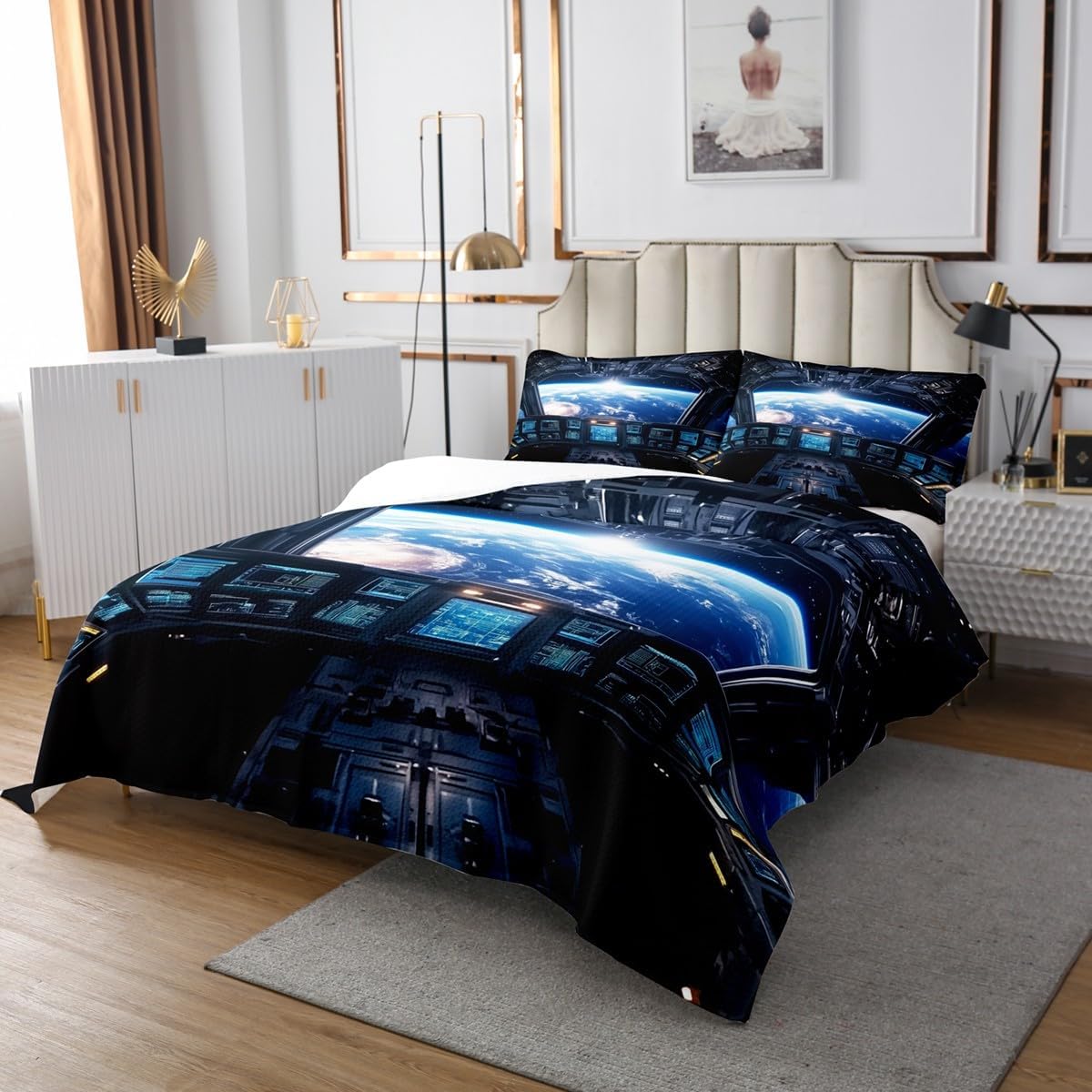 Homewish Outer Space Bedspread Twin Size,Universe Planet Spaceship Bedding Set for Kids Girls Boys Room Decor,Astronaut Modern Space Ship Coverlet Set 2Pcs,The Earth Microfiber Quilt,1 Pillowcase