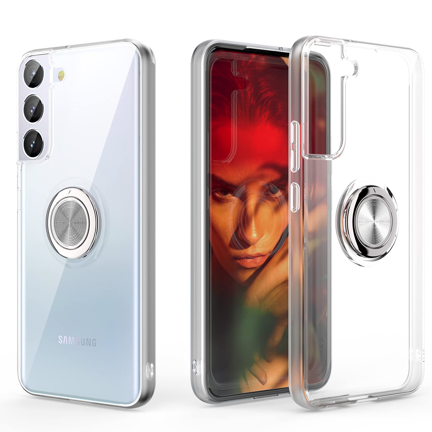 WATACHE for Galaxy S22 Case,Clear Crystal Slim Fit Protective Phone Case Cover with [Ring Holder Kickstand] [Magnetic Car Mount Feature] for Samsung Galaxy S22,Clear