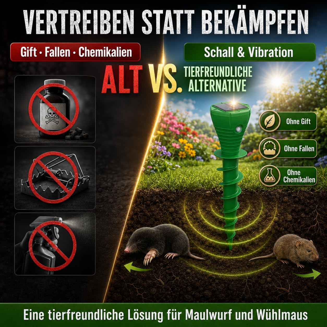 MEKEET Maulwurf Vertreiber Solar 4er Set, Maulwurfschreck mit Ultraschall & Vibration, IP65 Wühlmausschreck Solar zum Wühlmaus Vertreiben für Garten, Rasen und Beete
