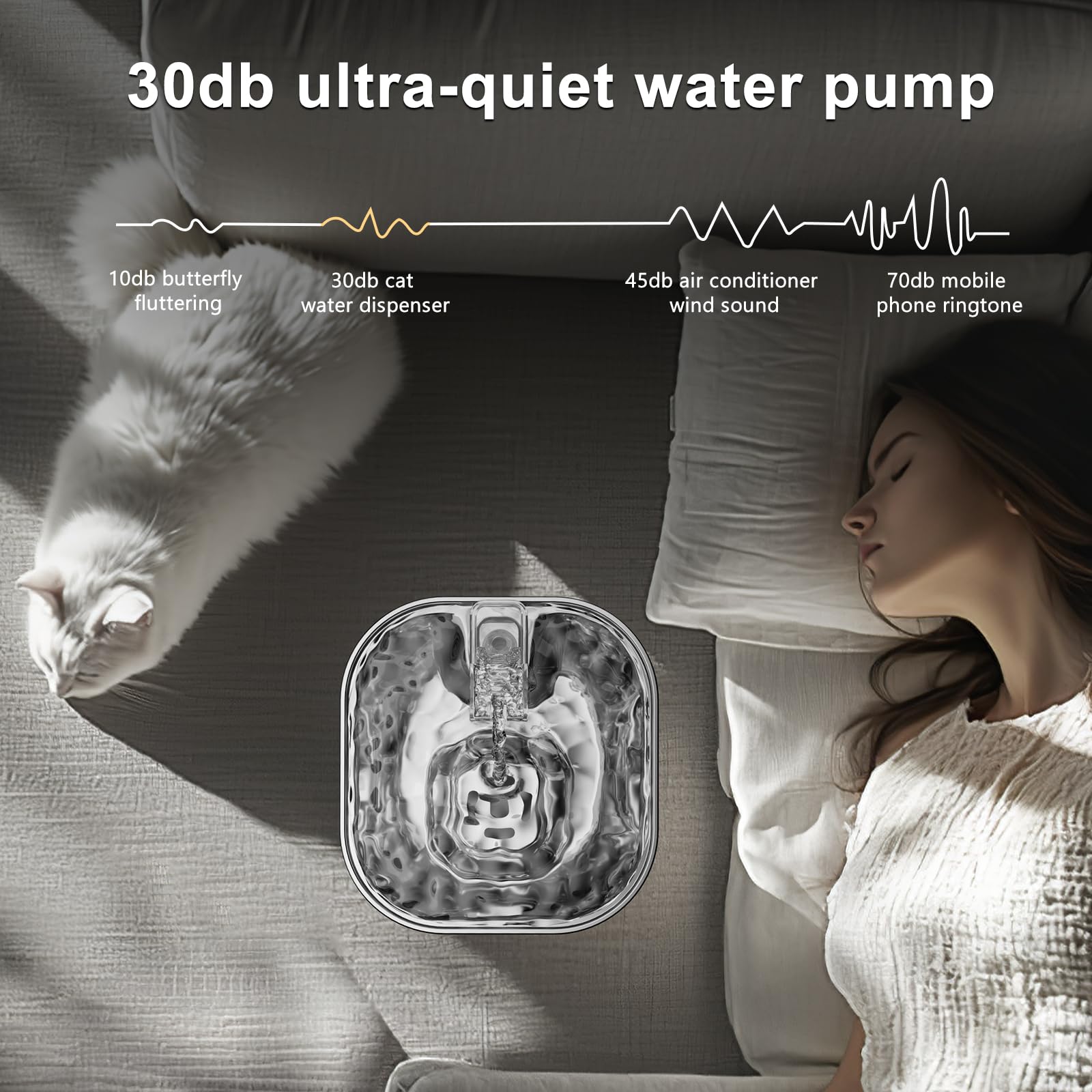 Tyonto Fontana per Gatti in Acciaio Inox con Luce LED, 2,5 L, Ultra Silenziosa, Alimentato via USB, Fontana d'Acqua e Carbone Attivo, Filtrazione a 5 Livelli, per Gatti e Cani