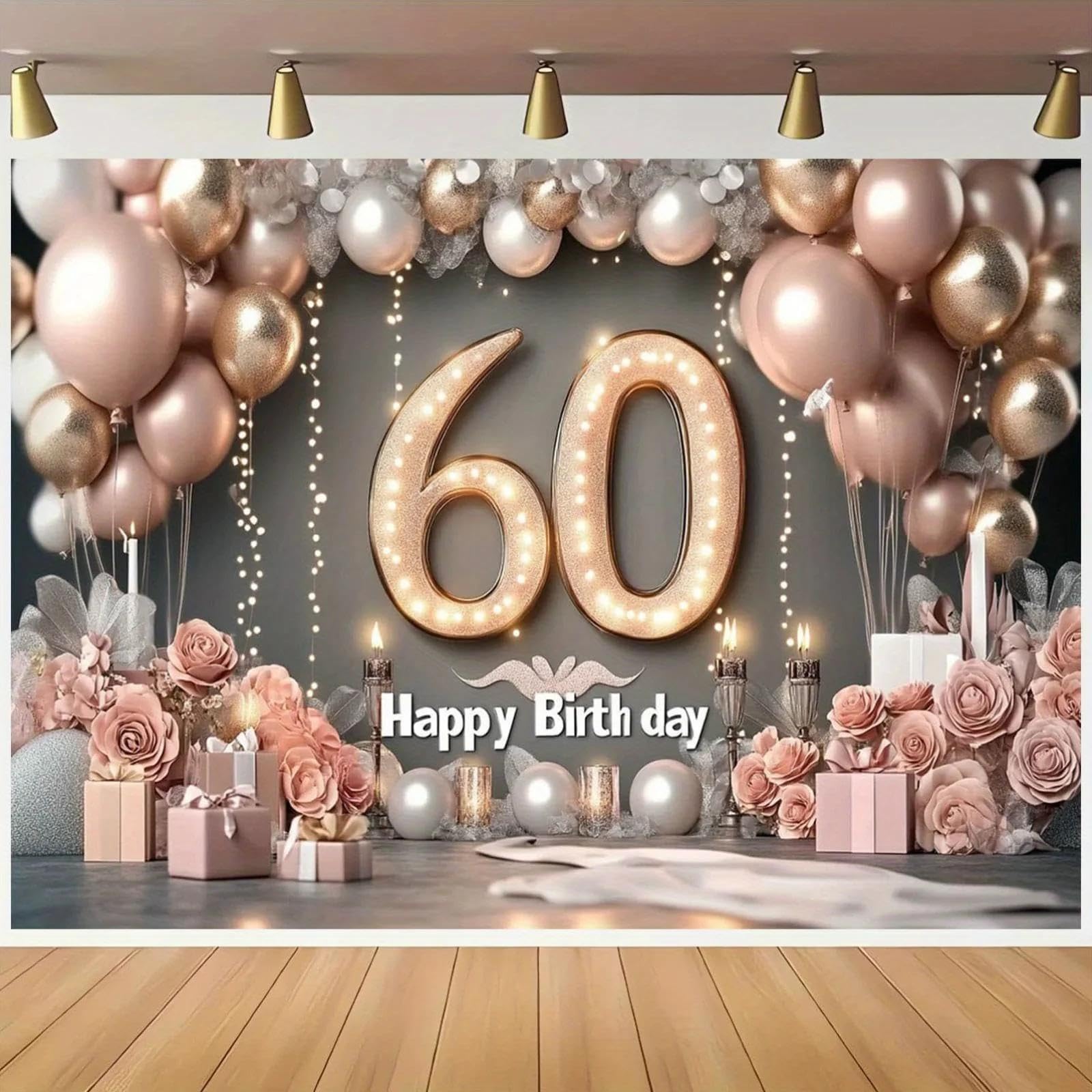 EIN Roségold und Blumen 60. Geburtstagsbanner Eine Elegante Partydekoration Goldene Luftballons und Geburtstagsparty-Dekorationen