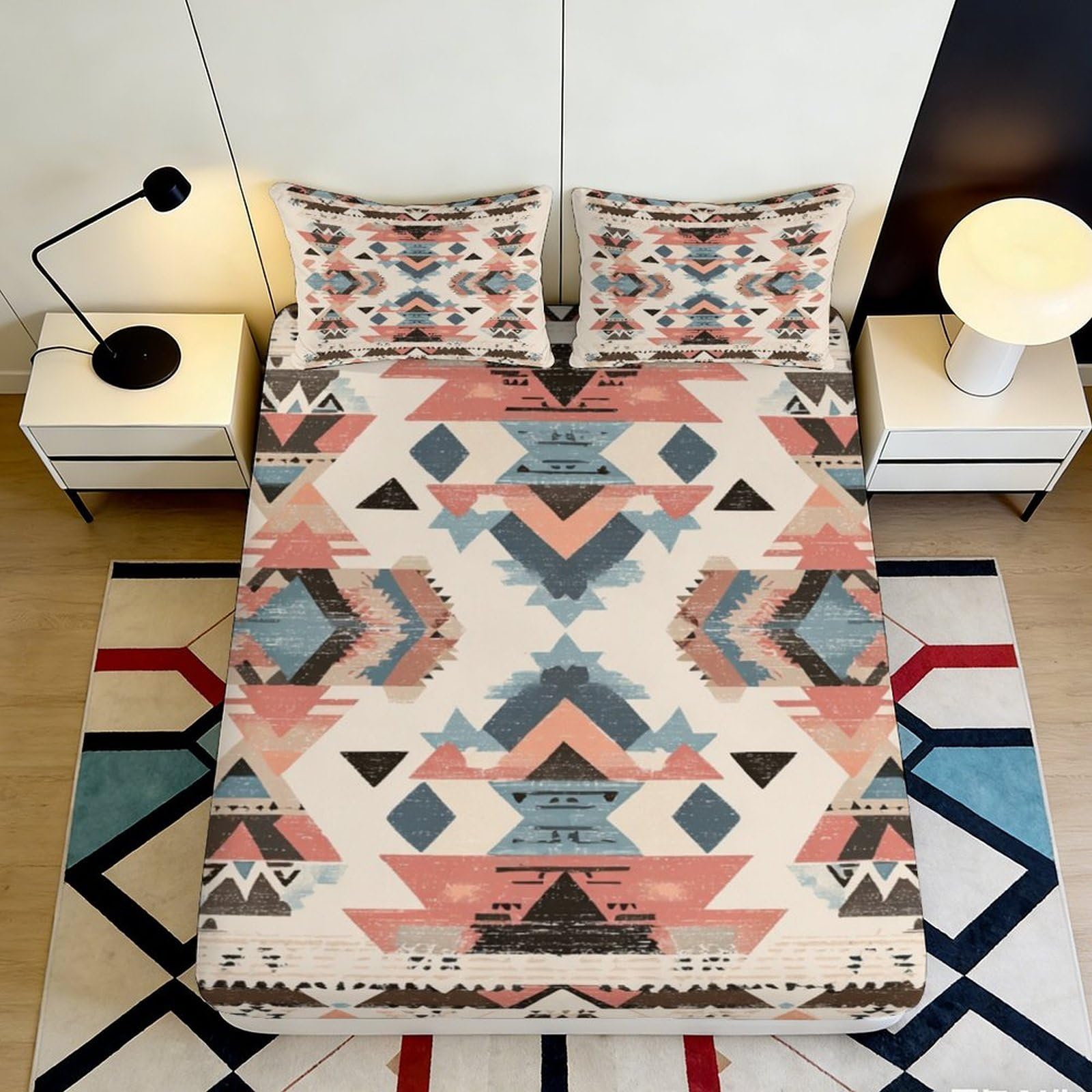 3D Printed Aztec Tribal Fitted Sheet Microfiber Soft Breathable Geometric Pattern Mattress Cover for Bedroom Dorm Decor 140x200x25cm
