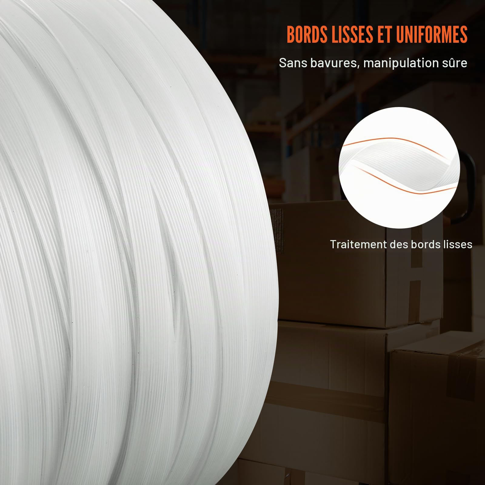 VEVOR Rouleau de cerclage en sangle tissée pour emballage, 200 m x 12,7 mm x 0,8 mm, bobine de cerclage robuste pour palettes, haute résistance 400 kg, feuillard de cerclage tressé portable, blanc