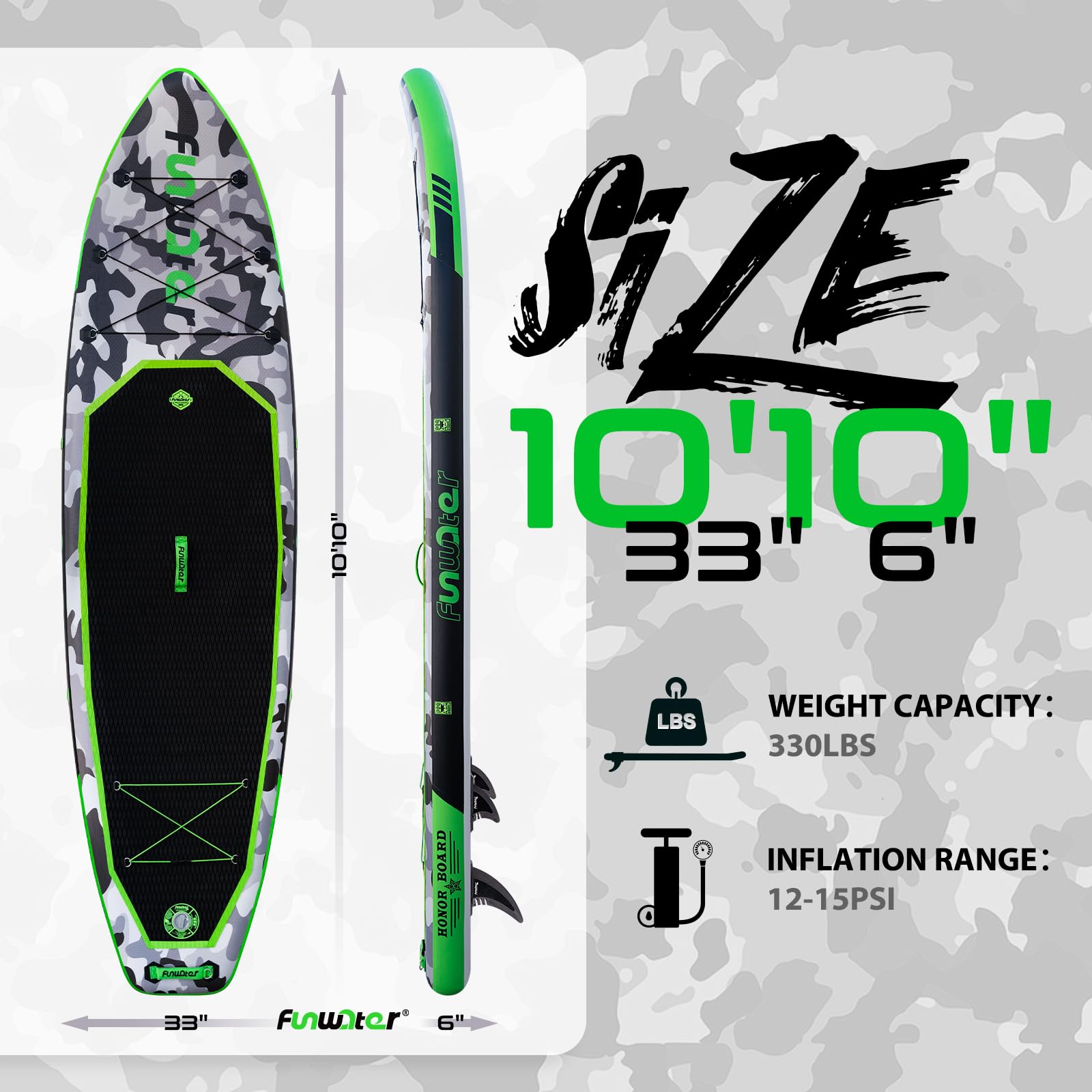 FunWater 10'6"–11'6" SUP Board, aufblasbares Stand-Up Paddle Board für alle Könnensstufen, ideal für Einsteiger & Familien, mit Anti-Rutsch Eva-Deck, Paddel, Pumpe & komplettem Zubehör