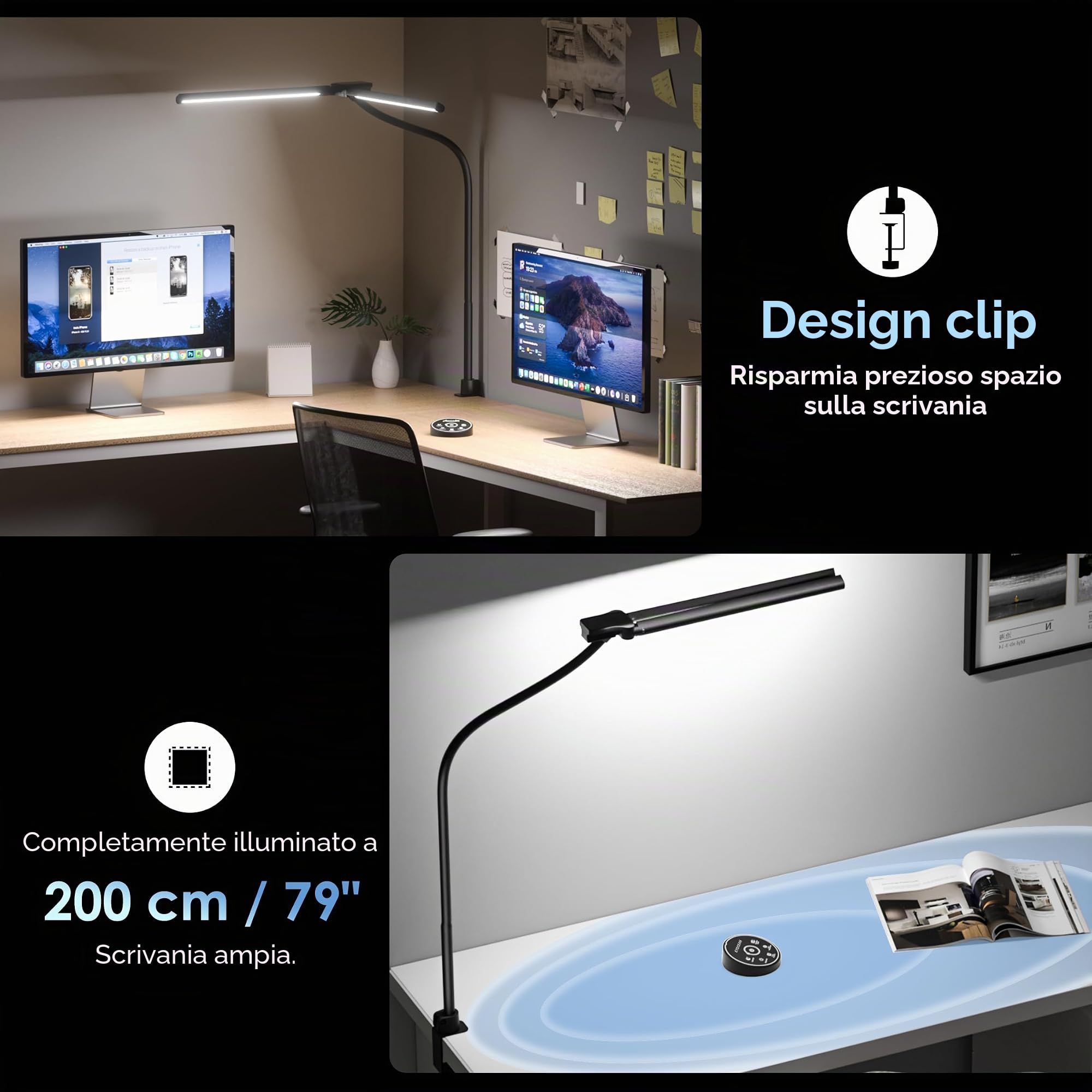 EYOCEAN Lampada da scrivania a doppia testa con clip, 24 W, 80 cm, luce diurna da scrivania con telecomando, lampada da monitor dimmerabile, collo d'oca, protezione degli occhi, colore nero