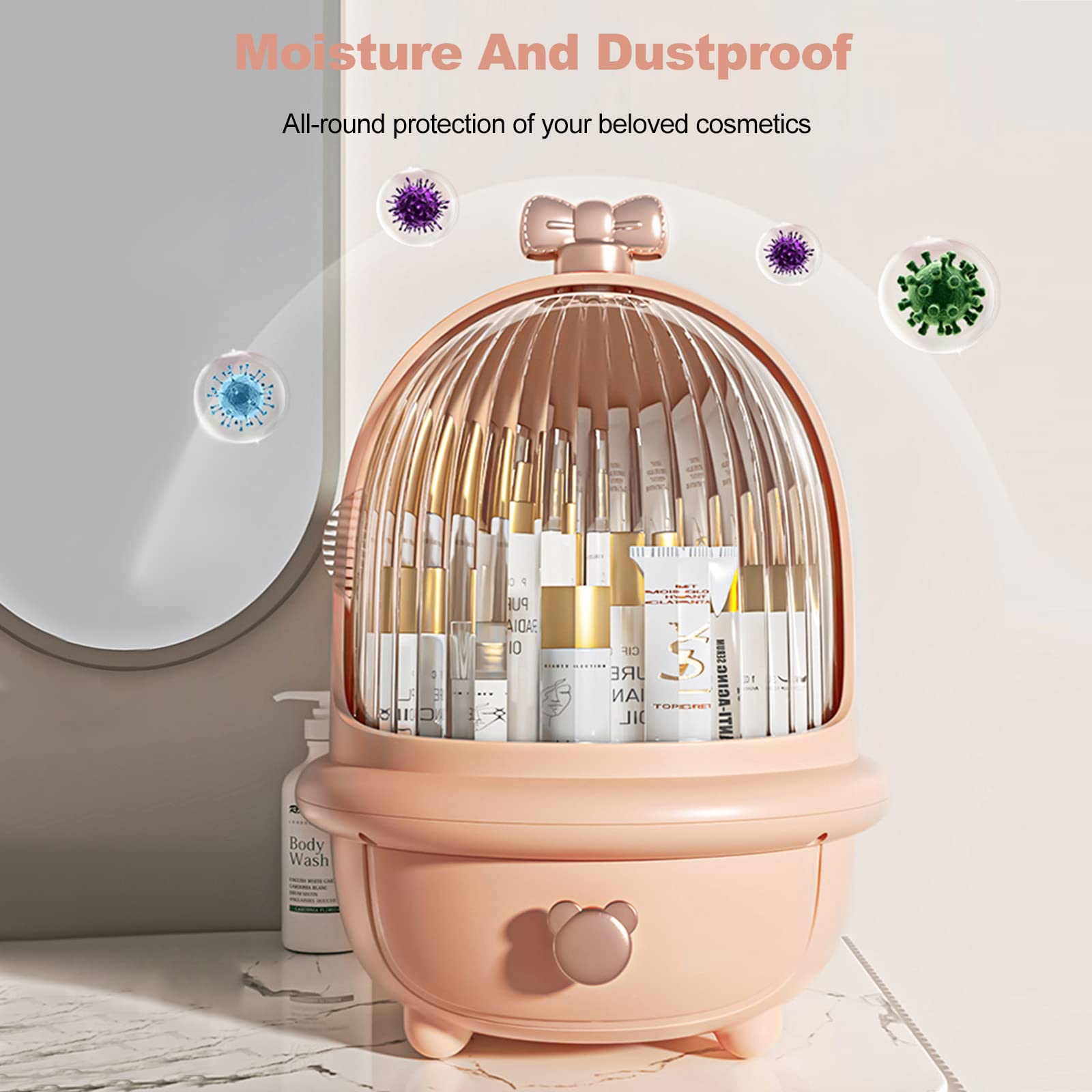 Galatée Tragbare Make Up Organizer Hohe Flasche Kosmetikbox Kosmetische Aufbewahrungs Box Mit Staubdichtem Deckel, Beauty Organizer Mit 1 Schubladen - 25 * 25 * 35cm -Pink