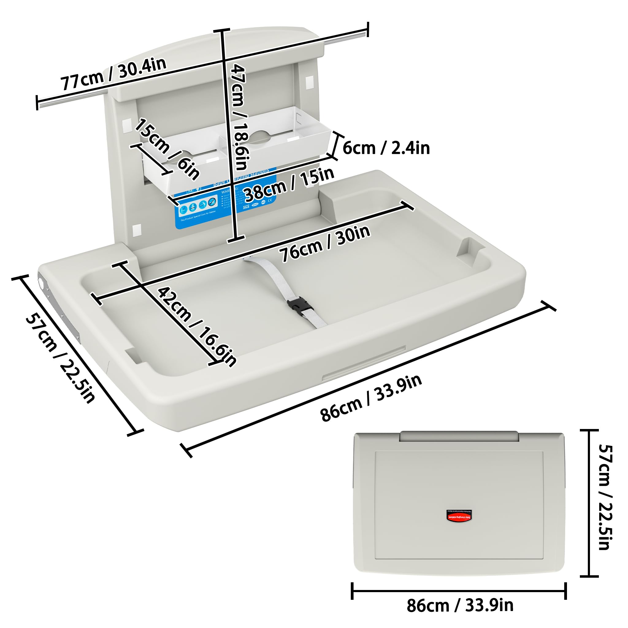 Wickelkommode Wandmontierter HDPE, Baby Mobiler Wickeltisch klappbar mit Sicherheitsgurt, Ablagefächer, Haken, 85x57x47 cm für Zuhause Einkaufszentrum, Gewichtskapazität 33 lbs/ 15kg