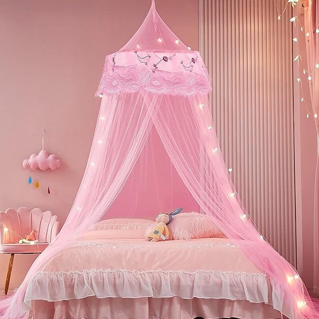 SZHTFX Princess Pink Mosquito Mesh Net for Bed Large Dome Hanging Bed Canopy for Girls with Round Lace for Punch-free Installation Bed Net for Single to Double Bed Ideal for Bedroom Decorative