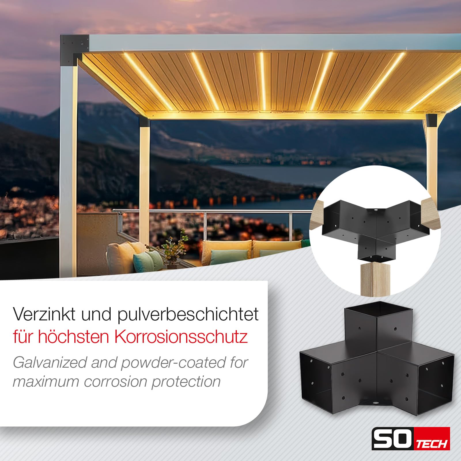 SOTECH Conector de esquina 90 x 90 mm (conector de 3 vías) de acero cuadrado galvanizado y recubierto de polvo negro para una máxima protección contra la corrosión