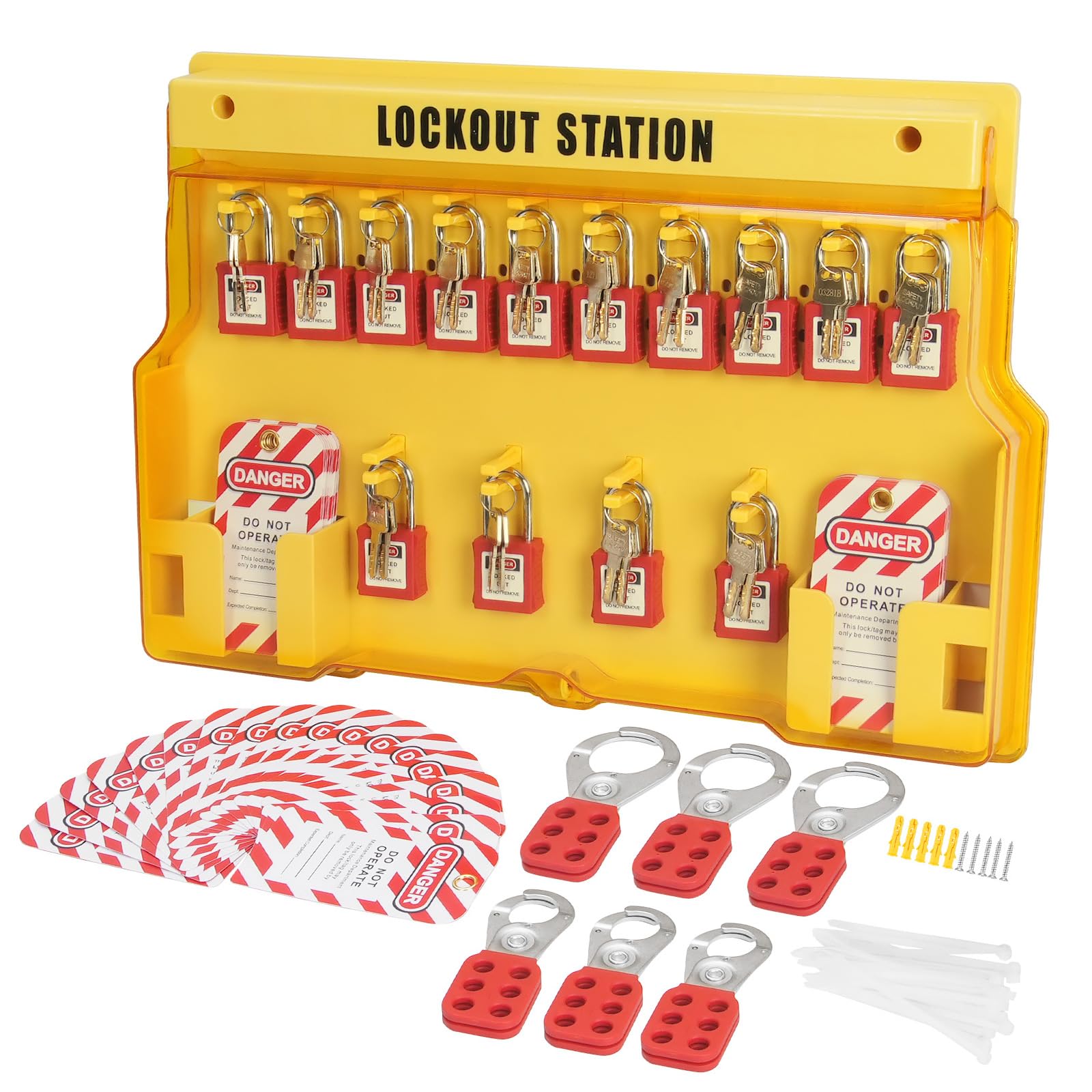 Happybuy Electrical Lockout Tagout Kit, 60 PCS Safety Lockout Tagout Station Includes Padlocks, Hasps, Tags, Nylon Ties, Expansion Kit, and Lockout Station Board, for Industrial, Electric Power
