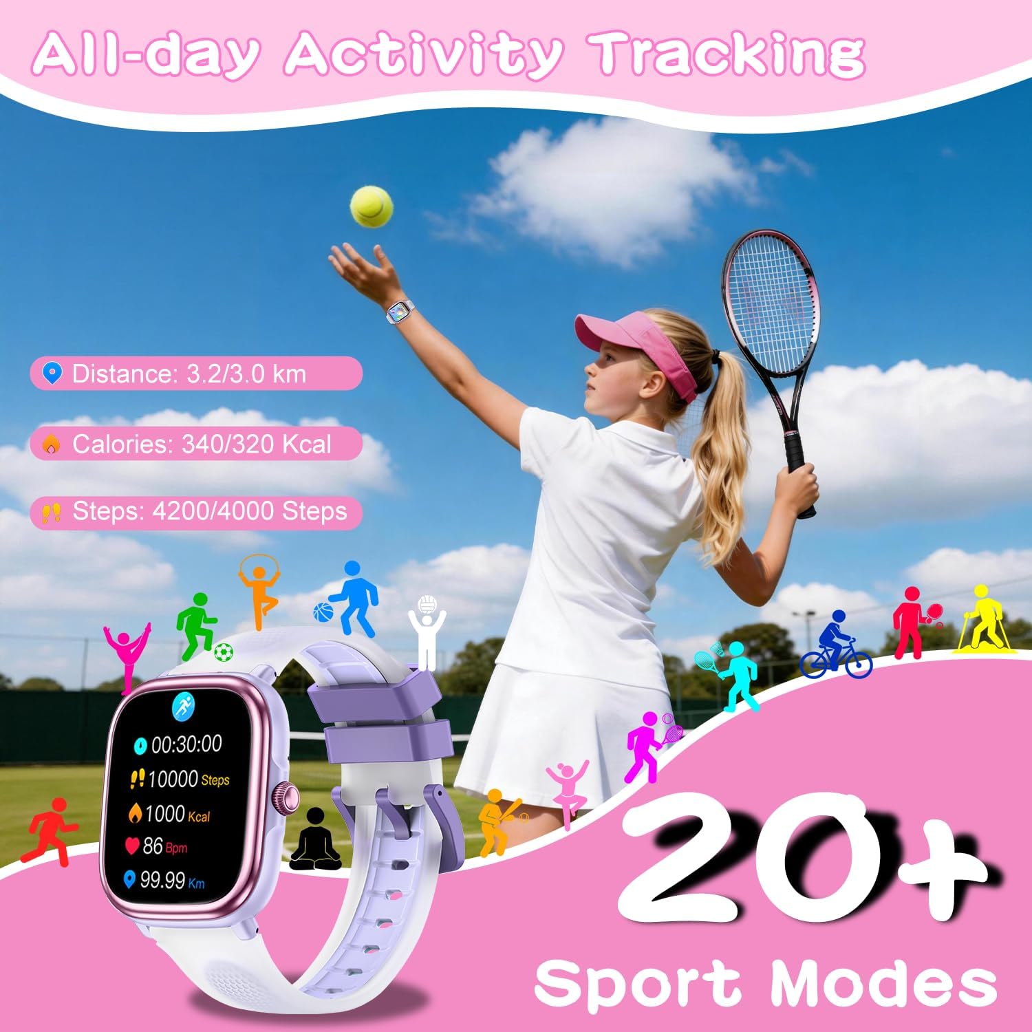 MINIBEAR Smart Watch for Kids, 1.83" Fitness Tracker for Boys Girls Teens No Phone Needed, Pedometer, Heart Rate, Sleep Tracker with White Noise, IP68 Waterproof 21 Sport Modes (Purple)