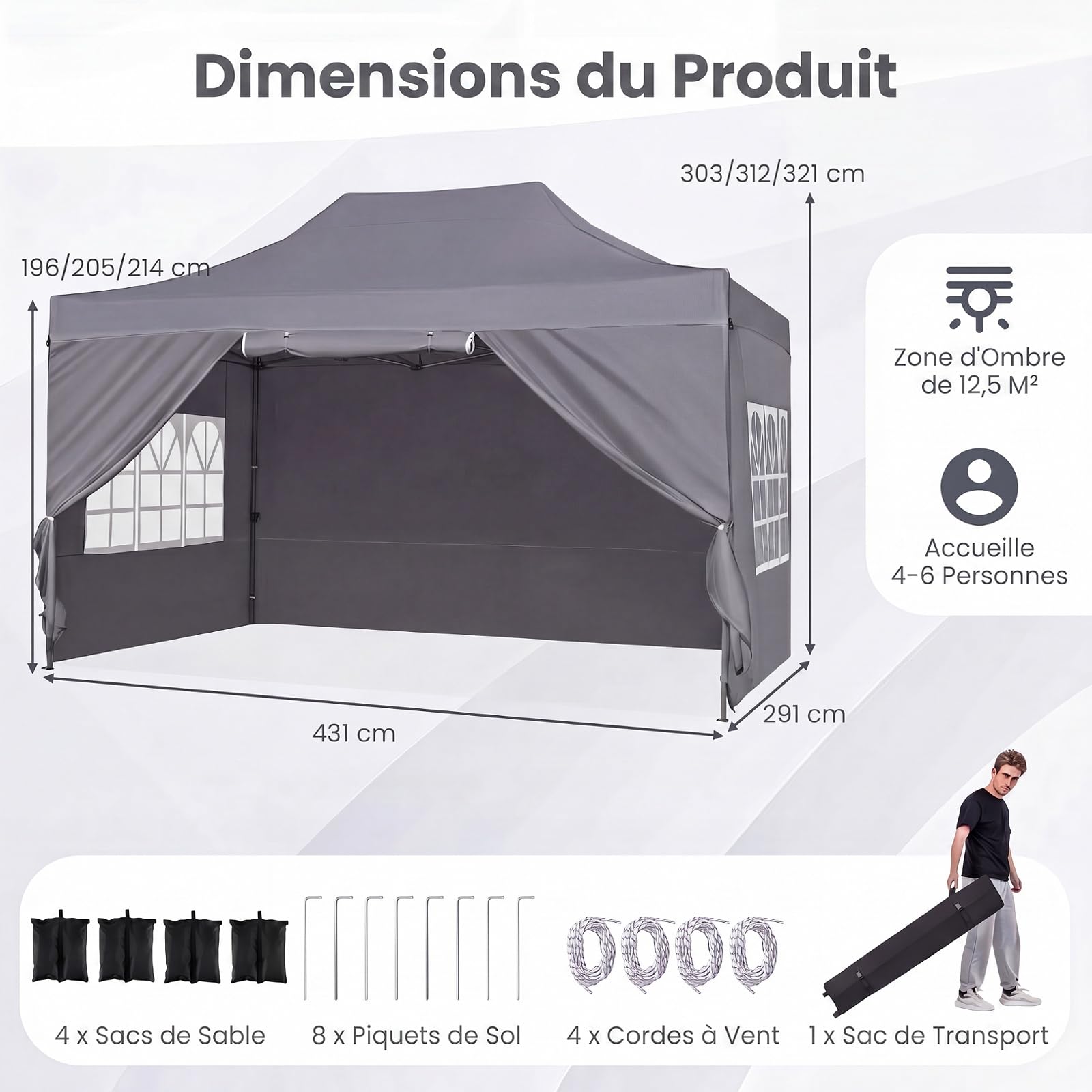 RELAX4LIFE Tonnelle Pliante avec 4 Parois Amovibles, 3x4,3M Barnum Pliant avec Porte Zippée Enroulable, Cadre en Acier au Carbone, Sac à Roulettes, Gazebo Tente de Réception pour Marché Événement,Gris