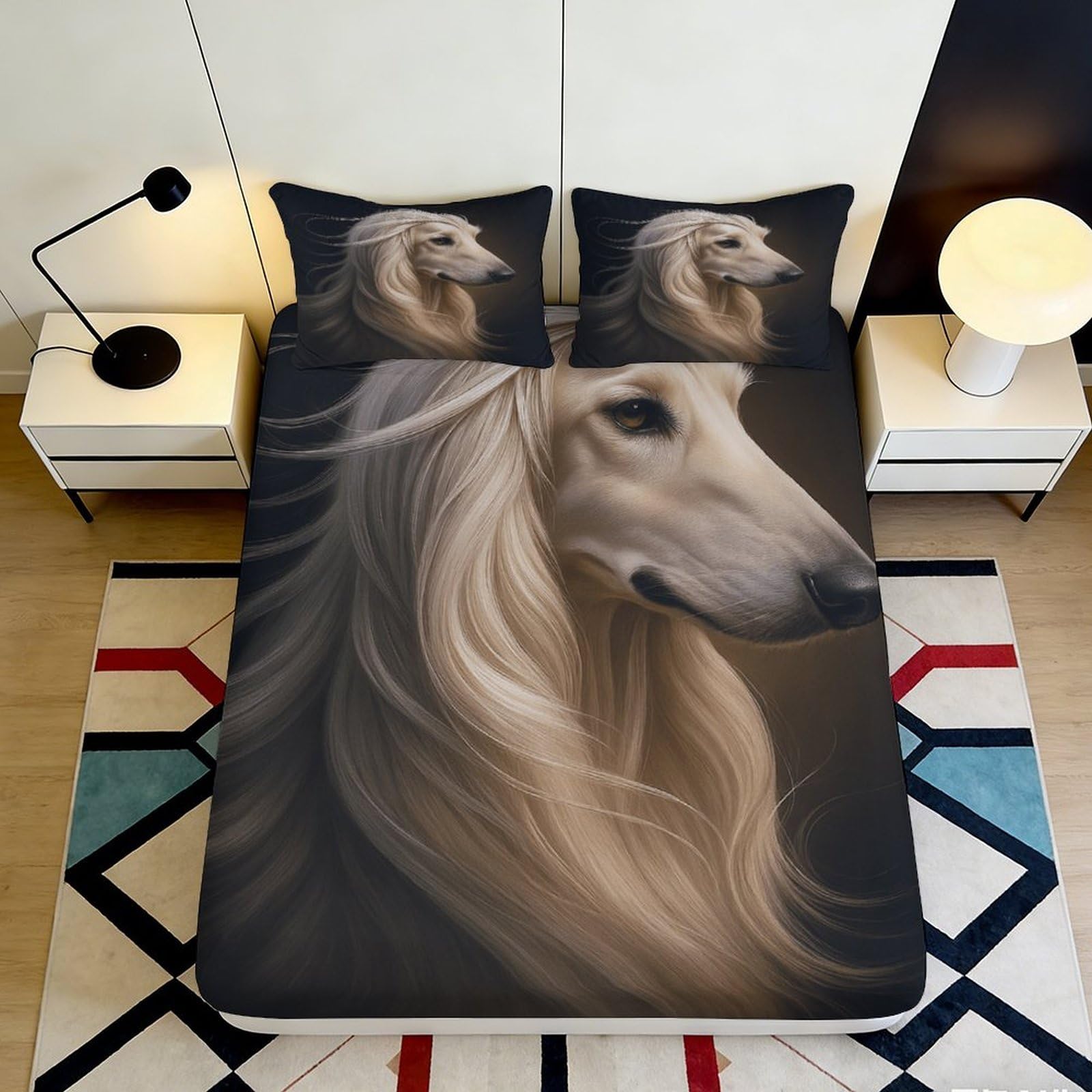 3D Printed Elegant Dog Portrait Fitted Sheet Microfiber Soft Anti-Slip Mattress Cover for Bedroom Guest Room Decor 160x200x25cm