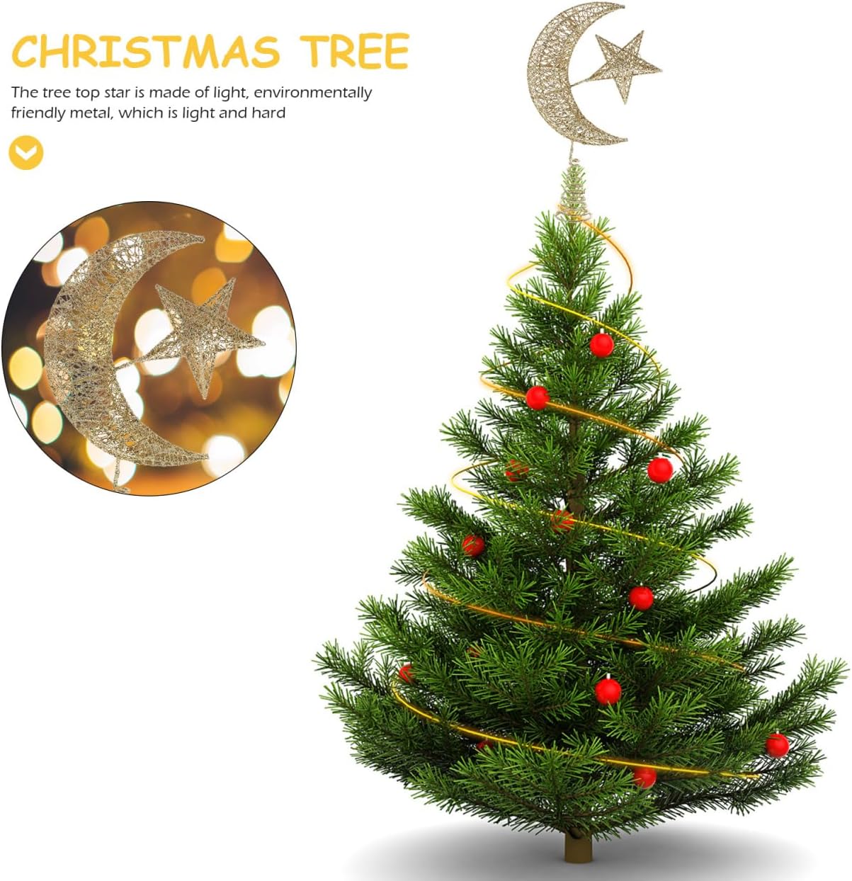 Angoily Iron Tree Topper Star Moon Christmas Tree Topper, Iron Moon and Star Ornament Glitter, 11.8 Inch 3D Christmas Table Lights Projector Wedding Birthday Holiday Party Decoration
