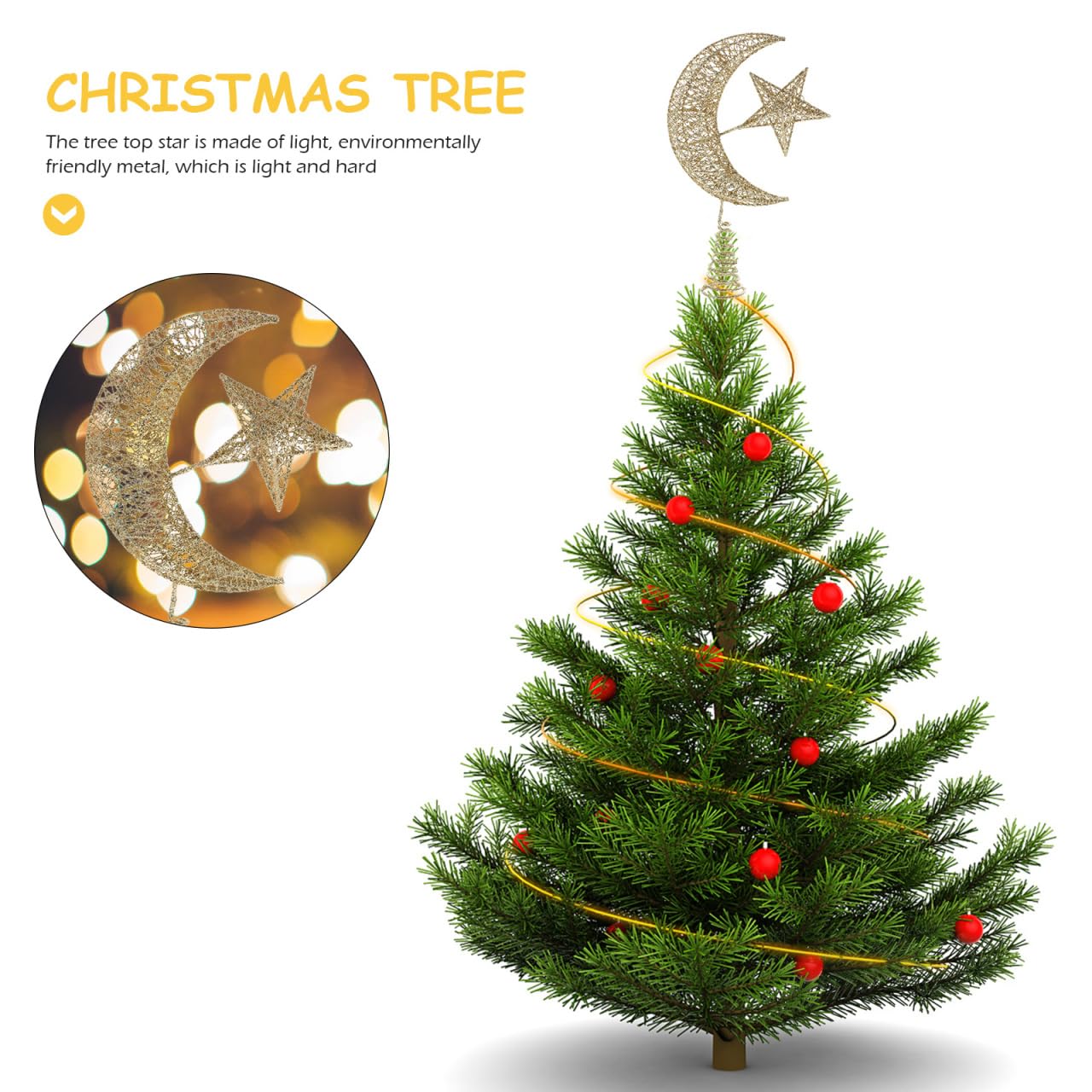 Angoily Cimier de sapin de Noël, étoile et lune à paillettes, décoration de sapin de Noël en fer pour fête de vacances, décoration d'intérieur, doré, 30 cm