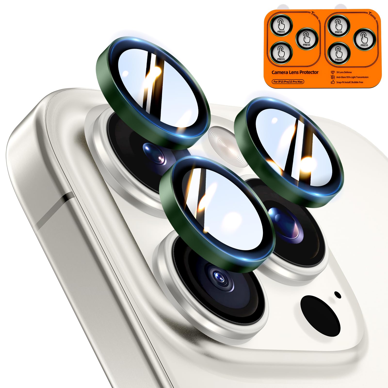 TOCOL for iPhone 15 Pro Max Camera Lens Protector/iPhone 15 Pro Camera Lens Protector Tempered Glass HD Individual Scratch Resistant Cover Accessories Case Friendly 2 Pack（Alpine Green）