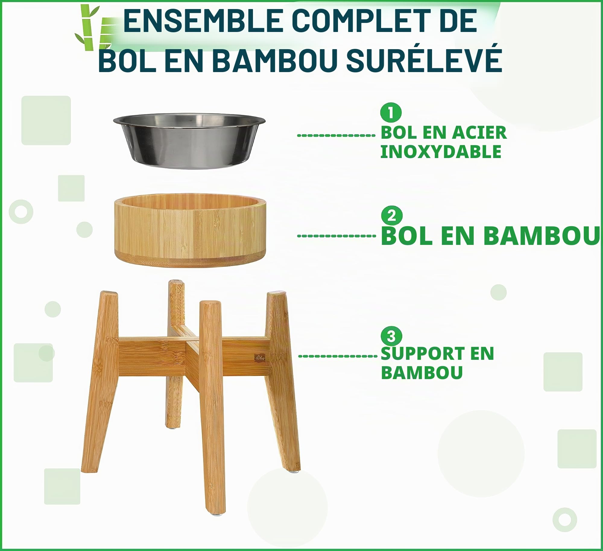 Gamelle surélevée pour chiens de grande race, pour aliments secs et humides, éloigne fourmis/insectes, en bambou avec plat en acier inoxydable et socle haut, 38 cm, capacité de 2 kg