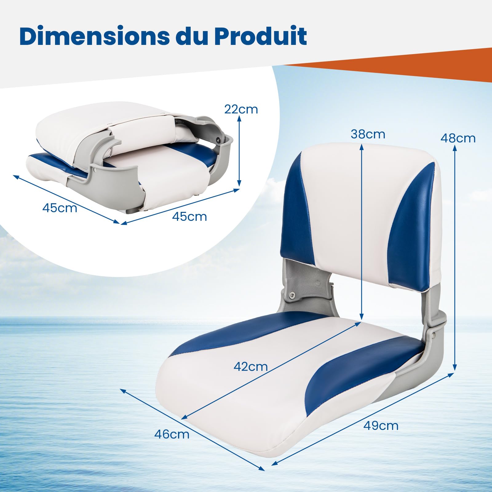 GOPLUS Lot de 2 Sièges de Bateau à Dossier Bas, Sièges de Capitaine Pliables en PVC Imperméable & Rembourrage en Mousse Épaisse & 4 Boulons, pour Bateau de Pêche, Vedette Rapide, Kayak 49 x 46 x 48 CM