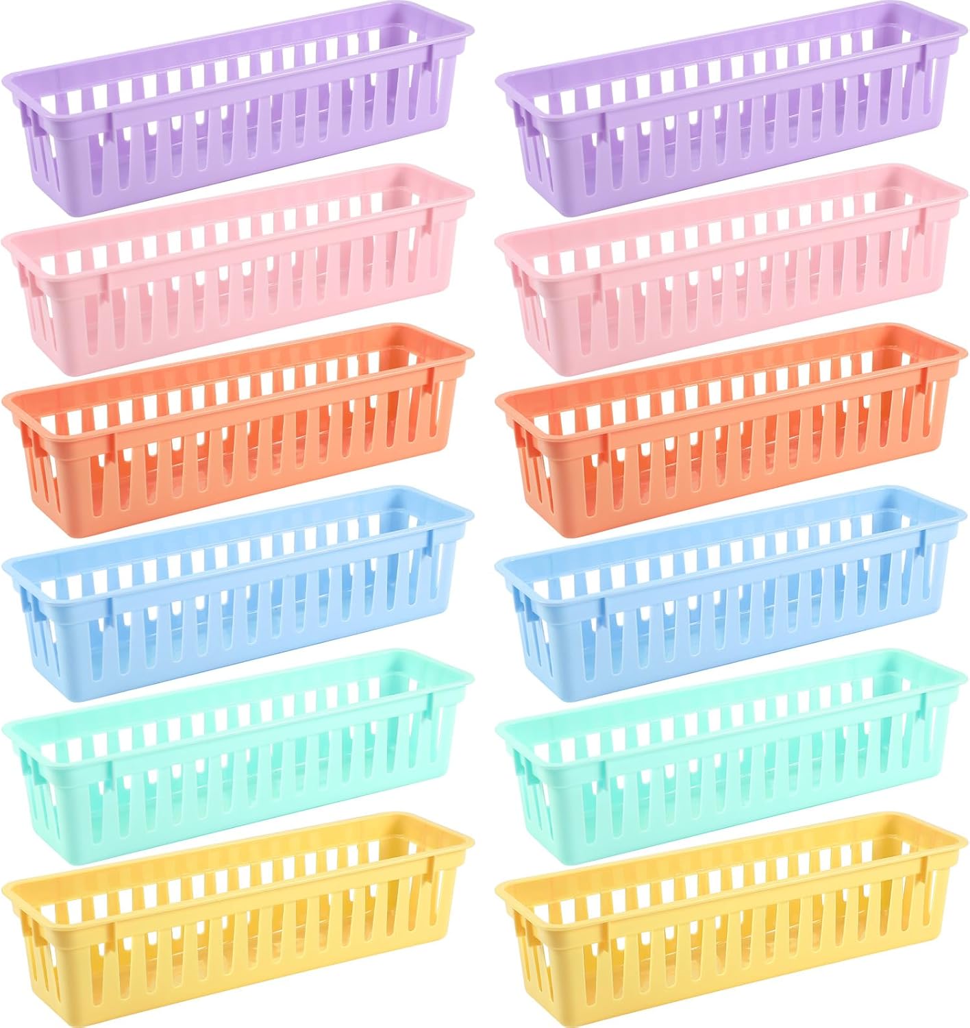 12 Pcs Morandi Slim Plastic Storage Baskets Tray 10 x 3 x 2.5 Inch Compact Stackable Desk Organizer for Office, Classroom, School Supplies, and Home Storage, Organization(Morandi)
