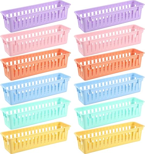 Miniatura 11 de 12 cestas de almacenamiento de plástico delgadas de color negro, blanco, gris, 10 x 3 x 2.5 pulgadas, organizador de escritorio compacto apilable