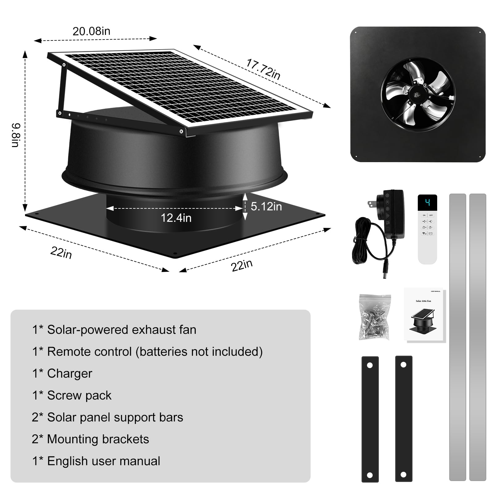 Ventilateur Extraction de Toit Solaire 42 W Flux d'Air 2100 CFM Ventilateur d'Extraction Solaire de Grenier avec Télécommande Intelligent pour Refroidissement Ventilation Atelier, Serres, Garage