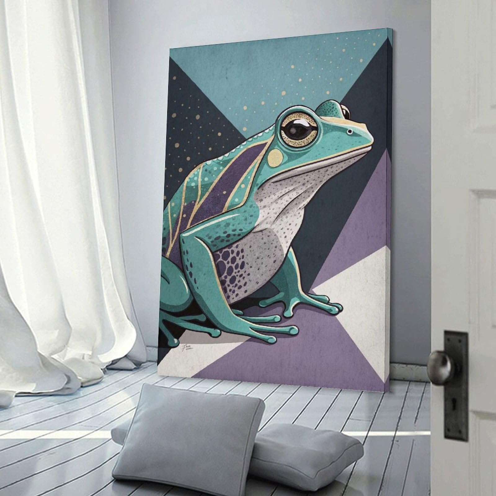 Junmoney Stylized Teal Frog Illustration Canvas Wall Decor 20x30inch(50x75cm), for Home Lounge, Bedroom Or Reading Nook, A Home Accent with Warm Character