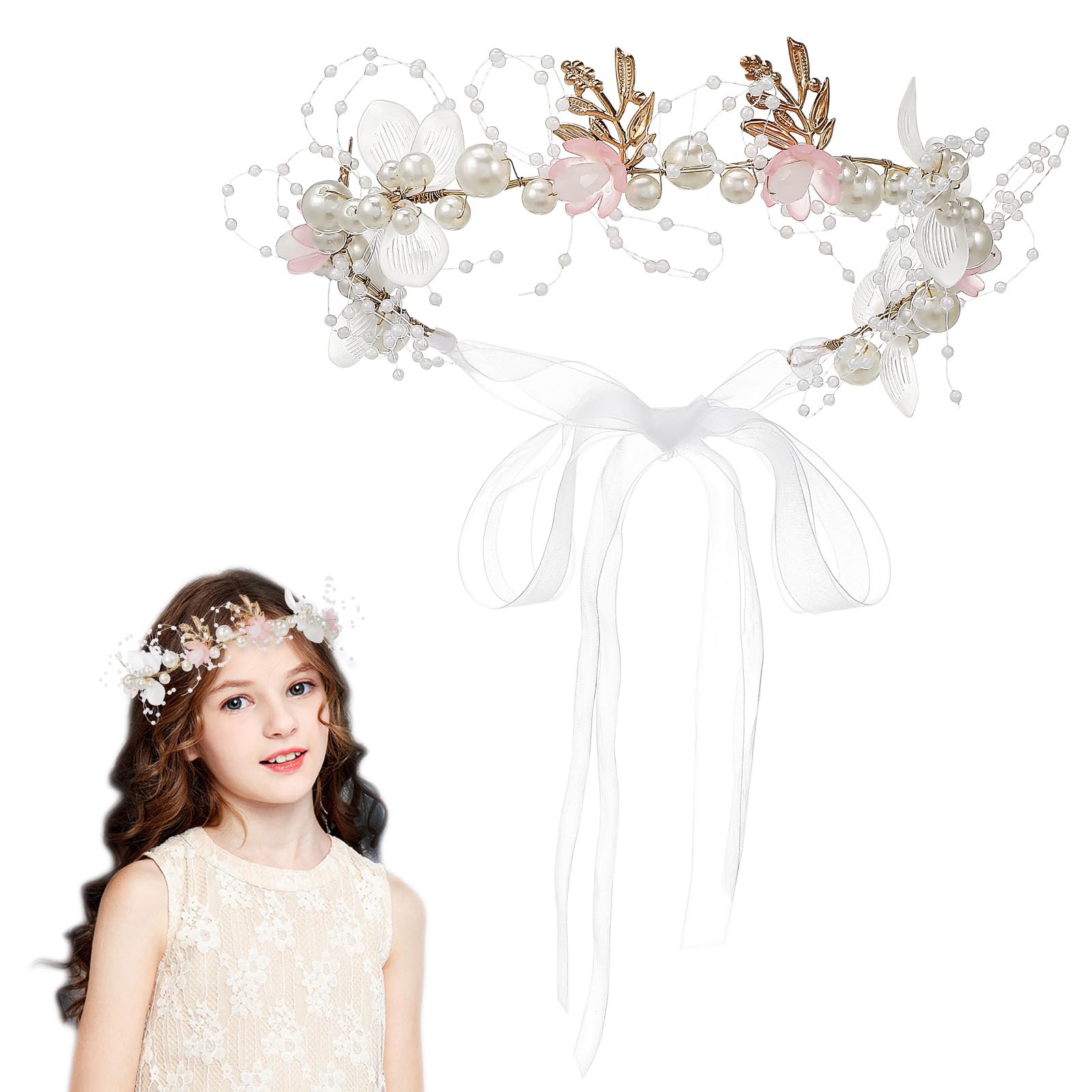 Healeved Pearl Flower Girl Hairband Floral Headpiece with Ribbon Lightweight Wedding Hair Accessory for Girls Party Special Occasions