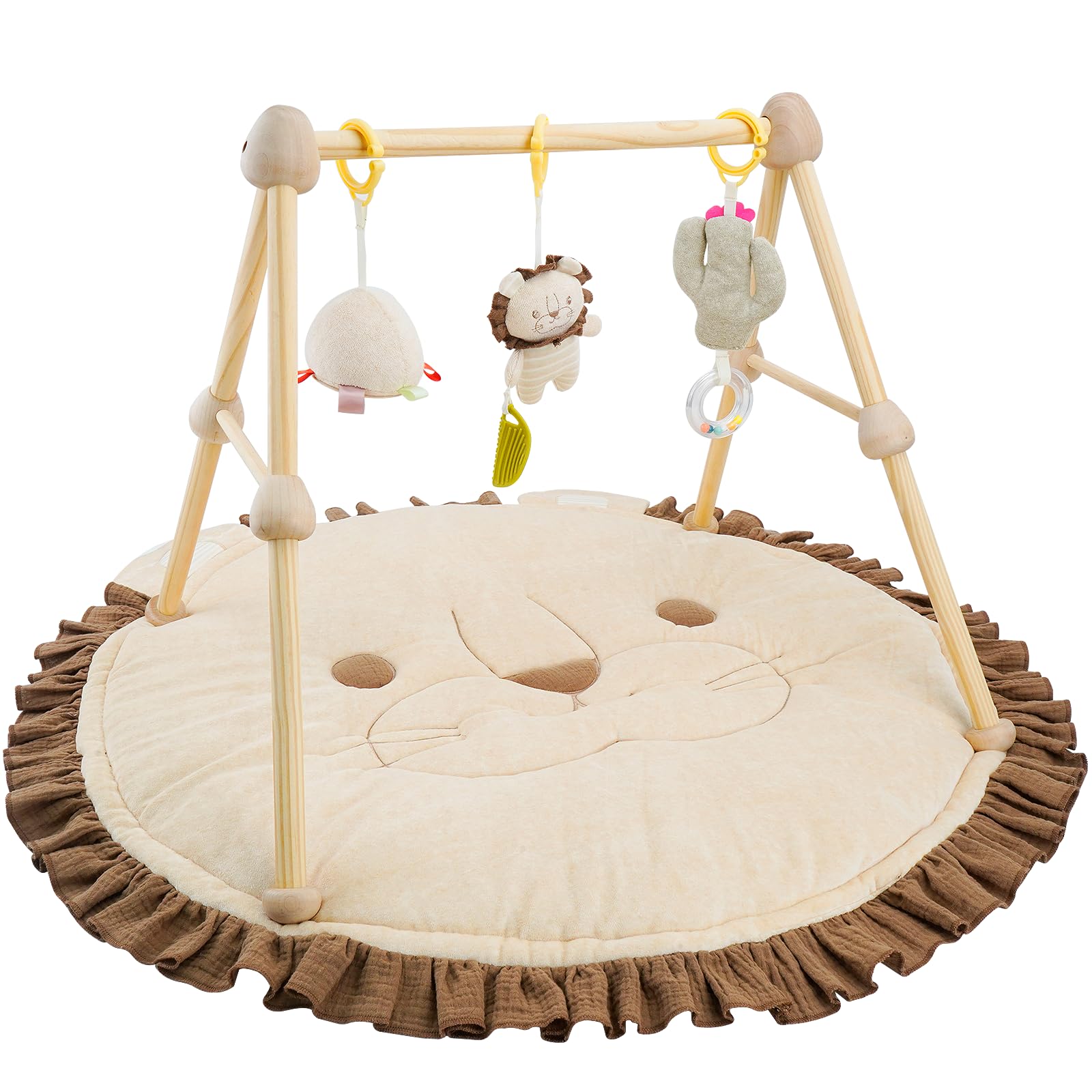 Tapis D'eveil Bebe 4 en 1,avec arche de jeu en bois naturel, 3 Peluches Amovibles,Développement Visuel, Auditif,Tactile et Cognitif,pour 0-3-6-12-36 mois Bébé,Cadeau de Naissance Idéal,Braun-Löwe